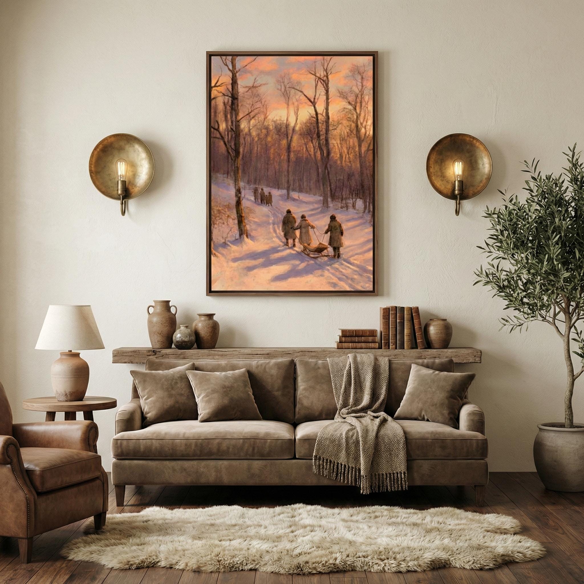 Winter Sunset Canvas, Snowy Forest Landscape (Rustic Holiday Wall Art)