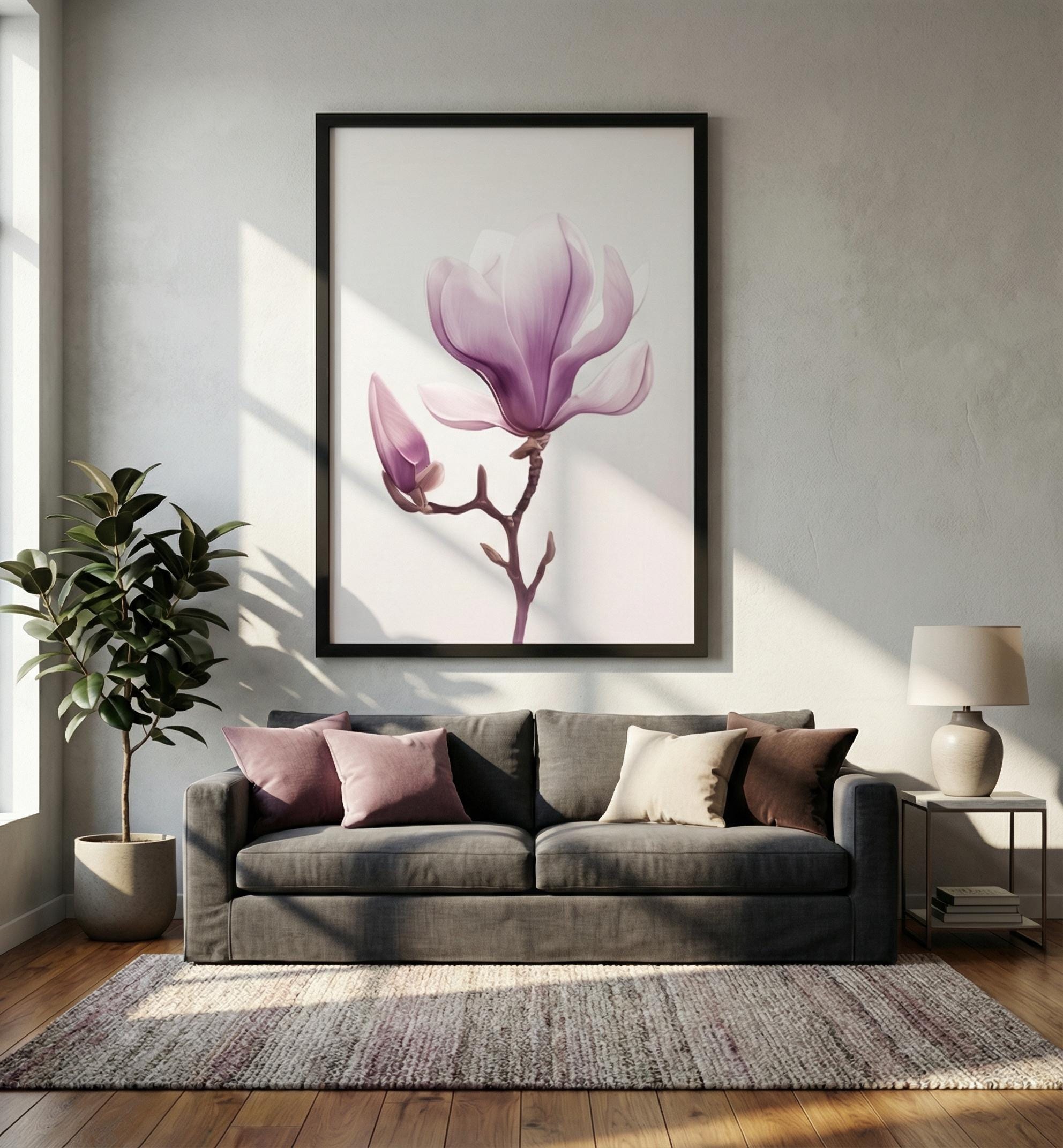 Purple Magnolia Wall Art - Modern Minimalist Flower Decor