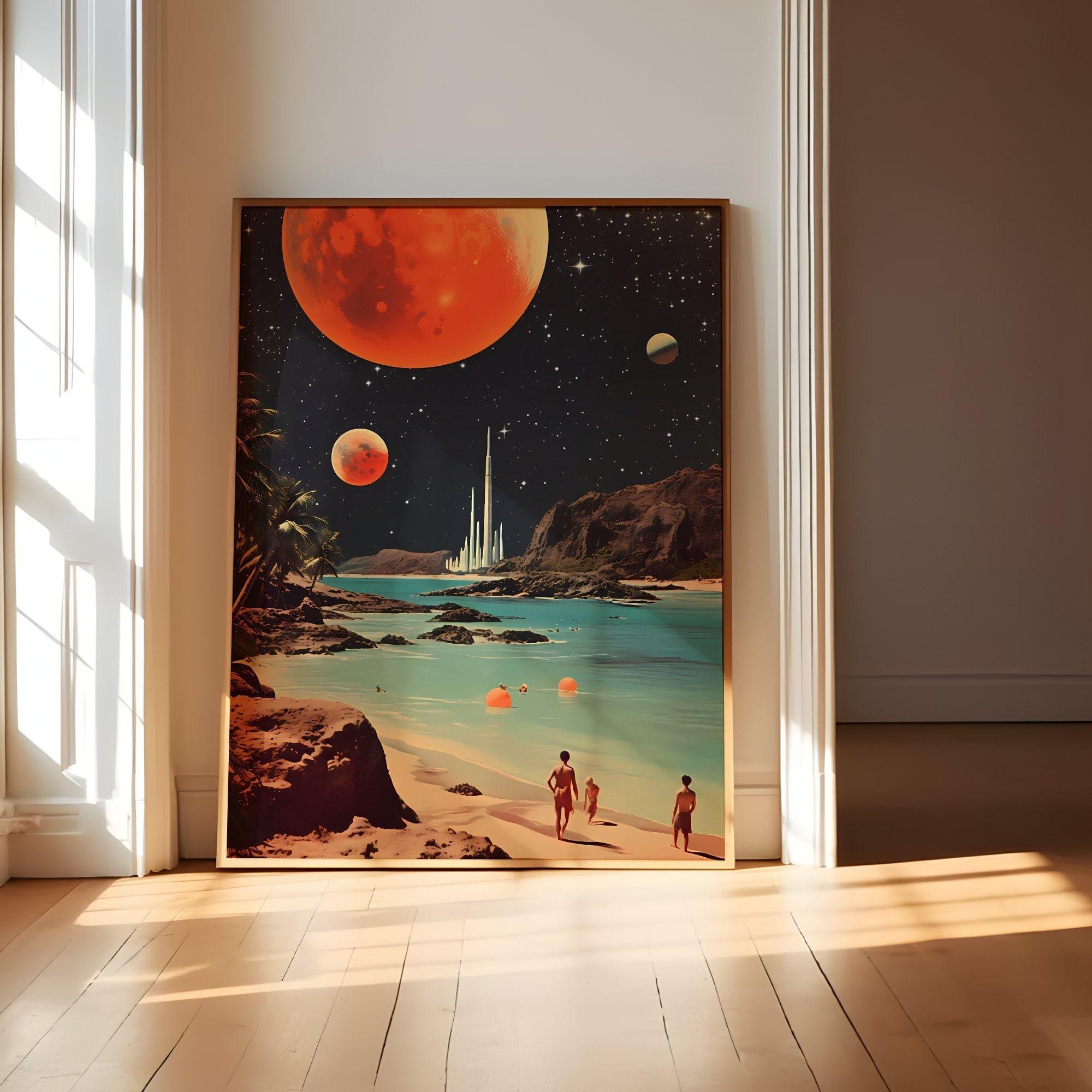 Space Beach Print: Sci-Fi Retro Art - Tranquil, Soft Hues
