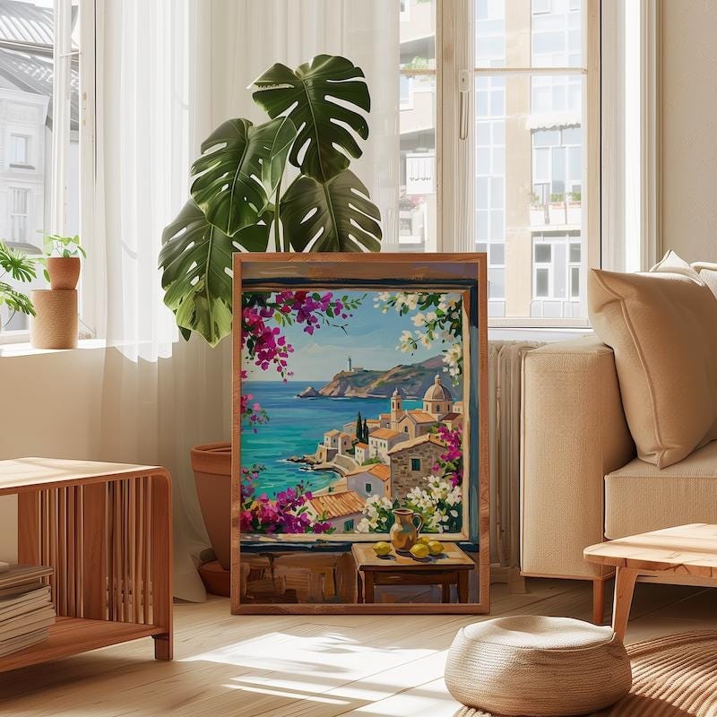 Mediterranean Coastal Art: Blue Shutters and Sea View (Canvas or Paper)