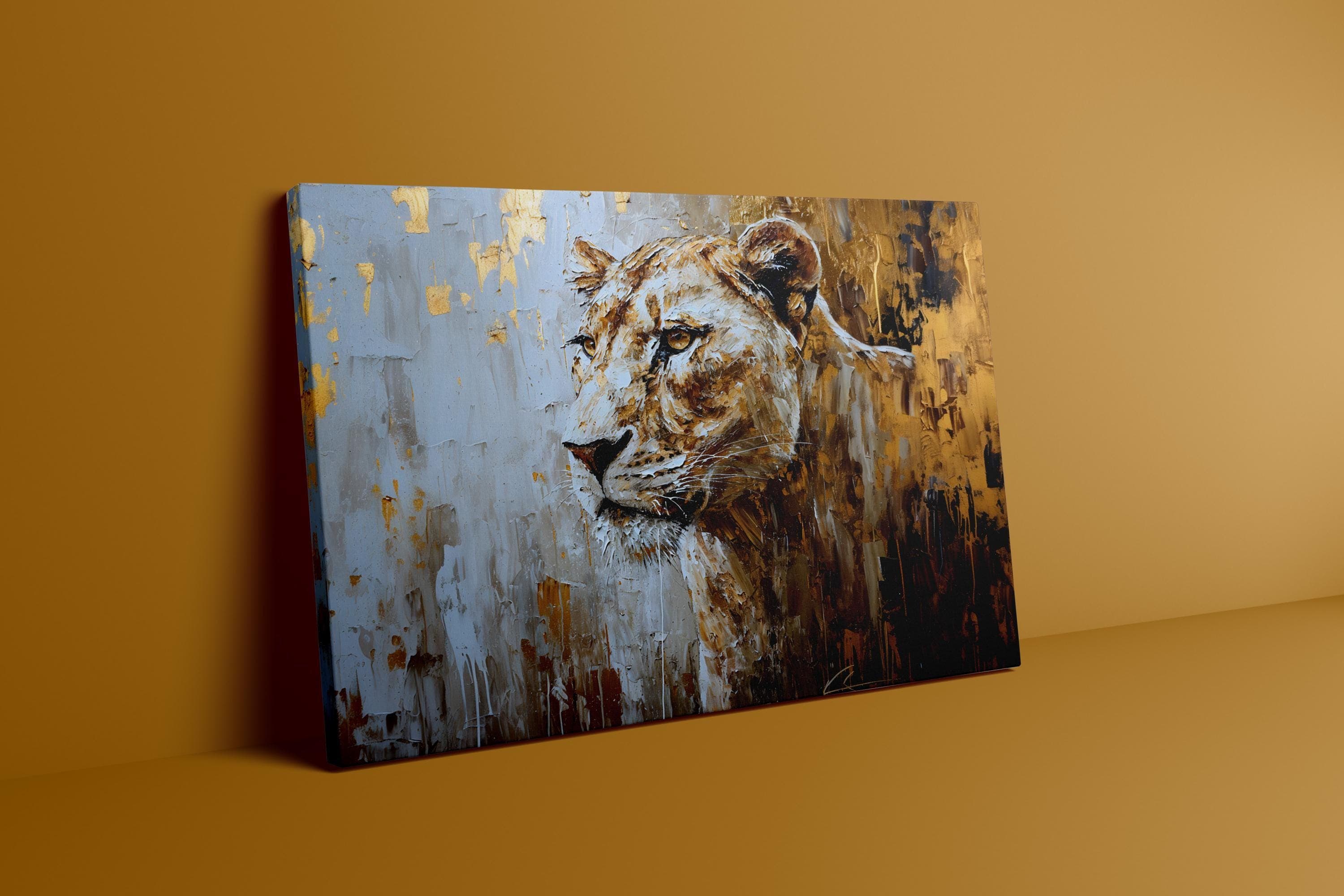 Lioness Wall Art: Graceful Wild Spirit in Gold (Canvas or Print)
