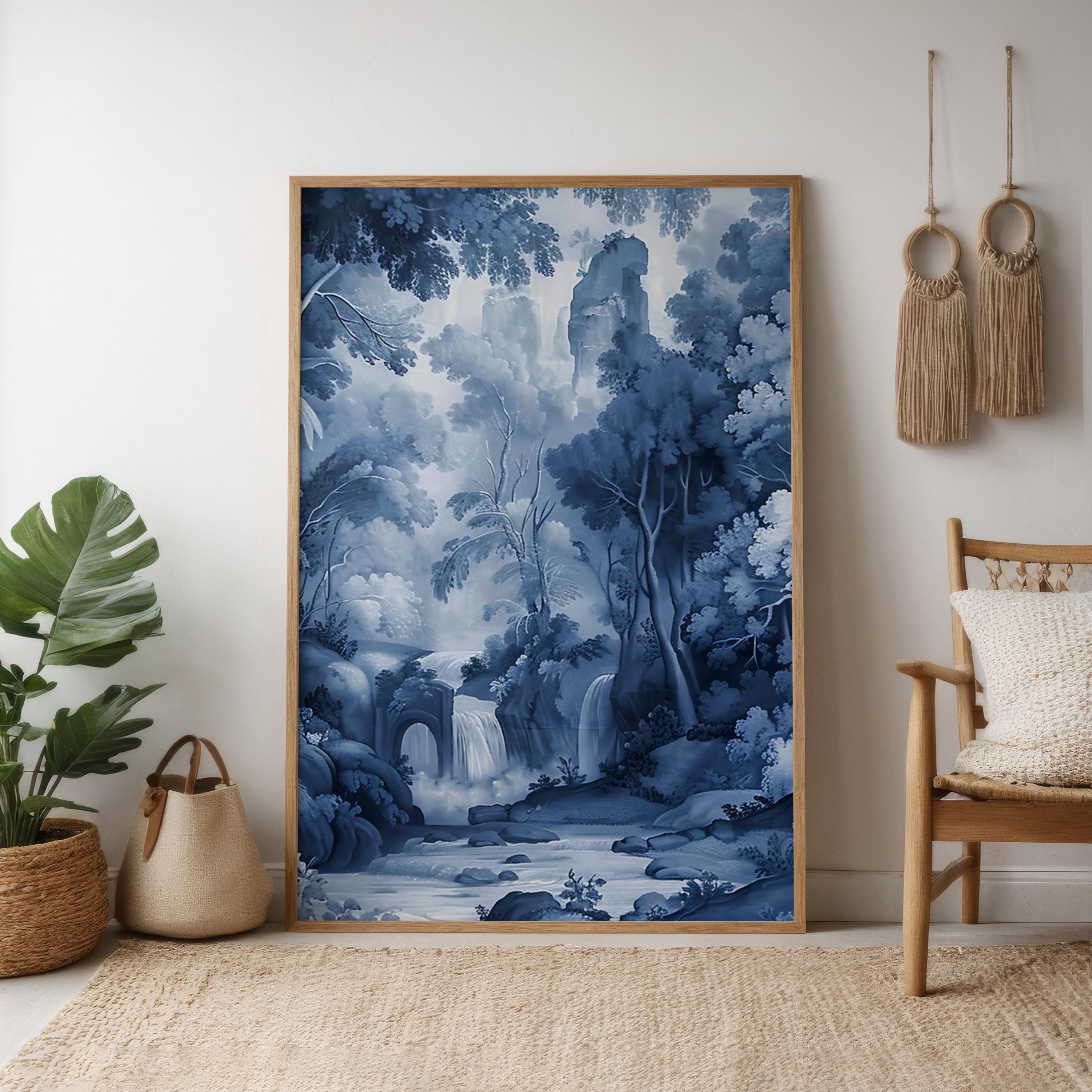 Ethereal Echoes: Blue Monochrome River & Ruins Landscape | Moody & Romantic Wall Art