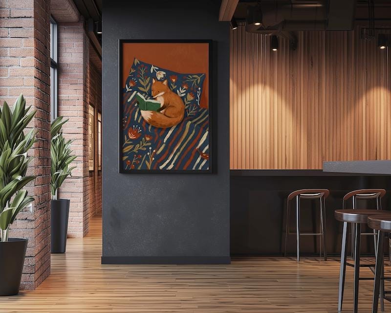 Fox Reading Illustration: Woodland Animal Art (Canvas or Print)