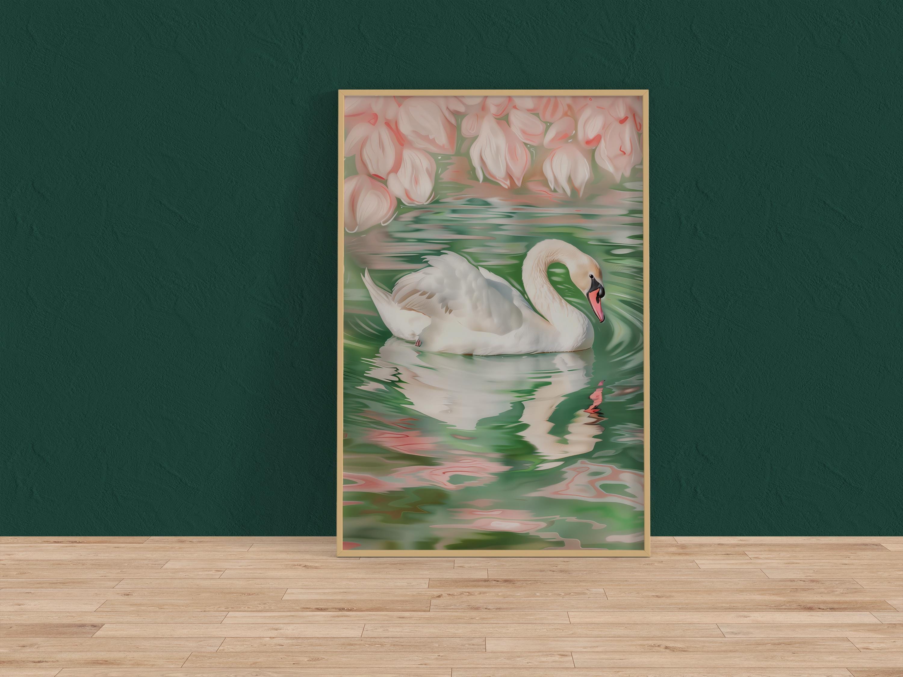 Swan Wall Art: Soft Pink Green Illustration - Calm Nature Scene