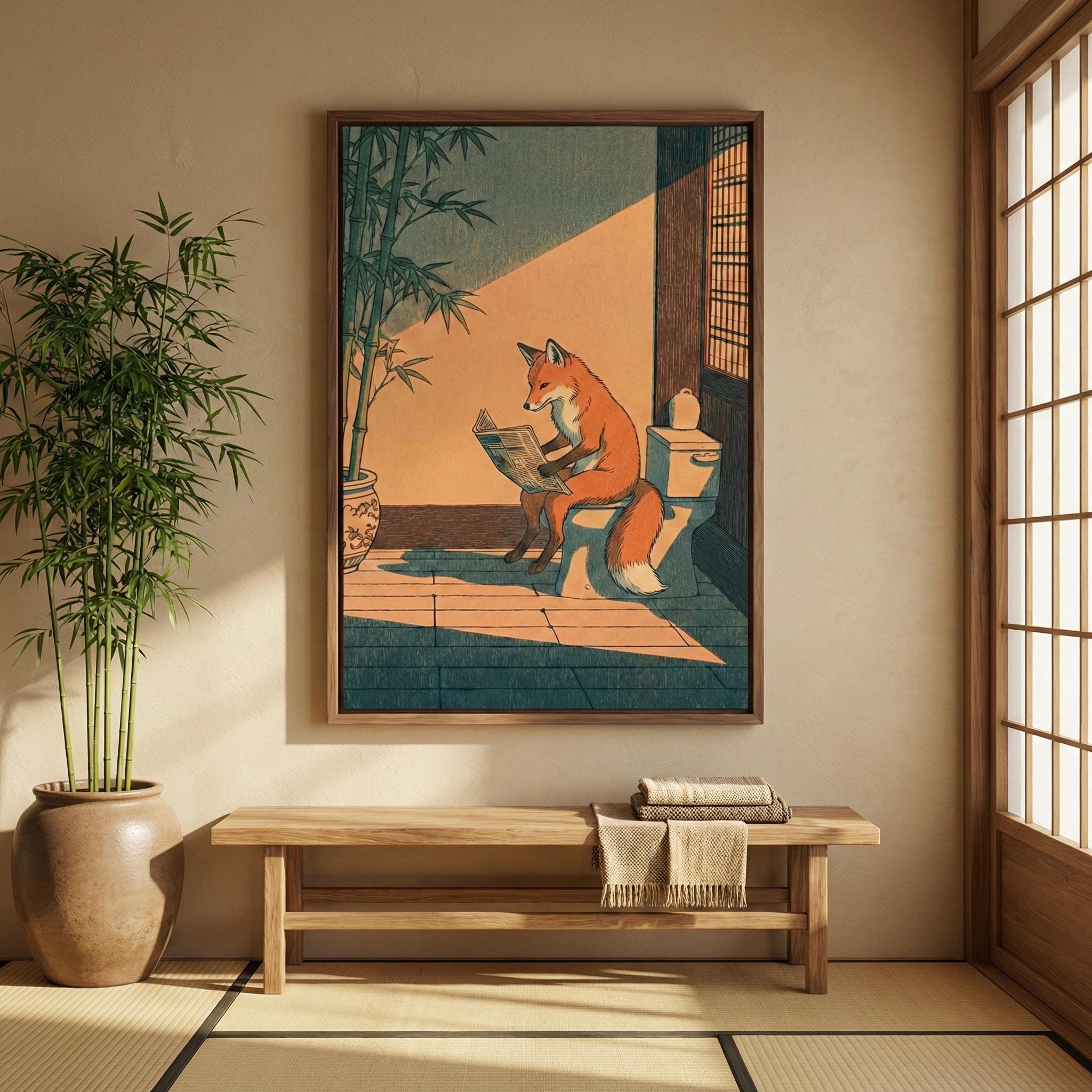 Bathroom Wall Art: Humorous Red Fox on Toilet - Ukiyo-e Style Print