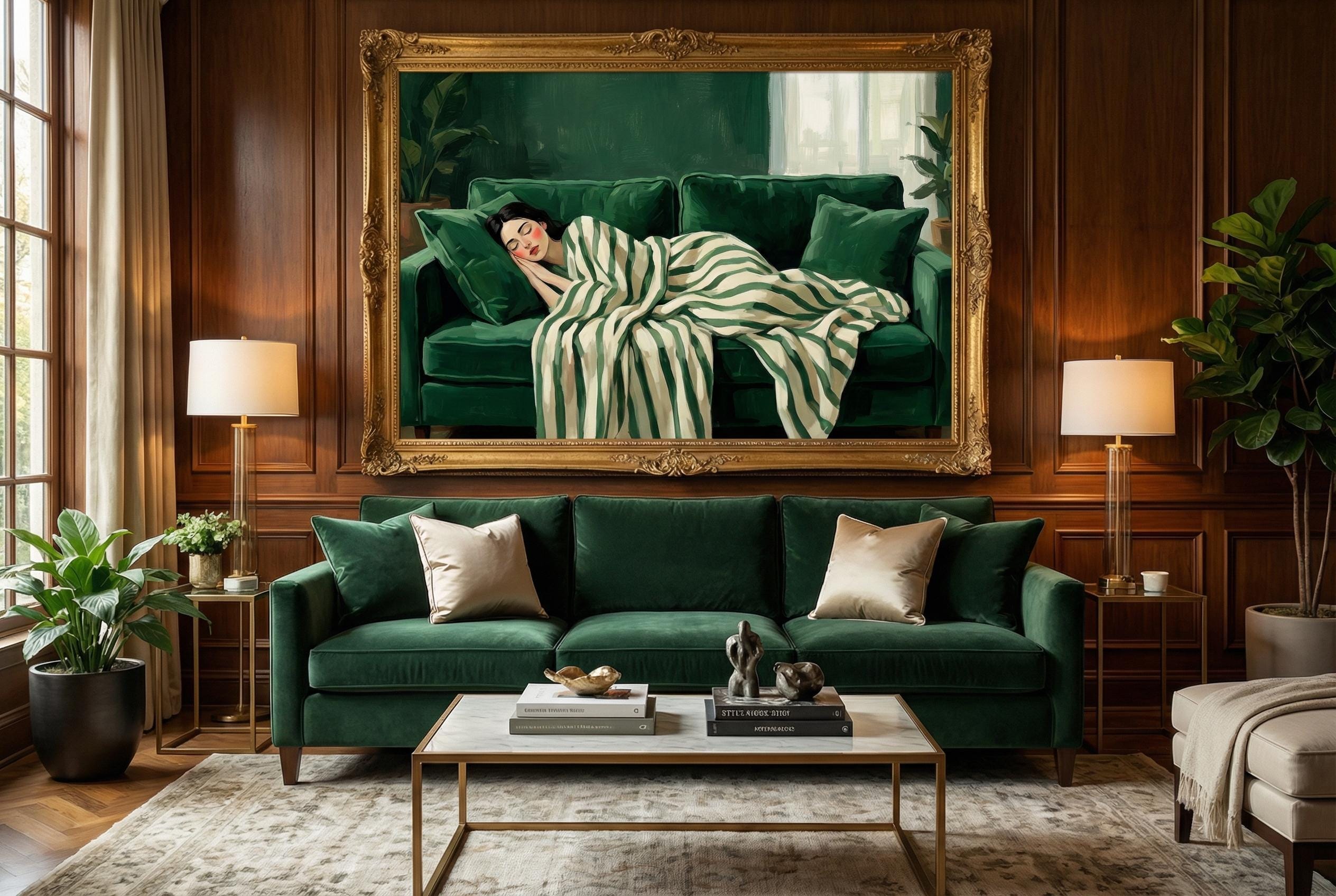 Nap Time Green Art Print: Sleeping Woman, Relaxing Stripes