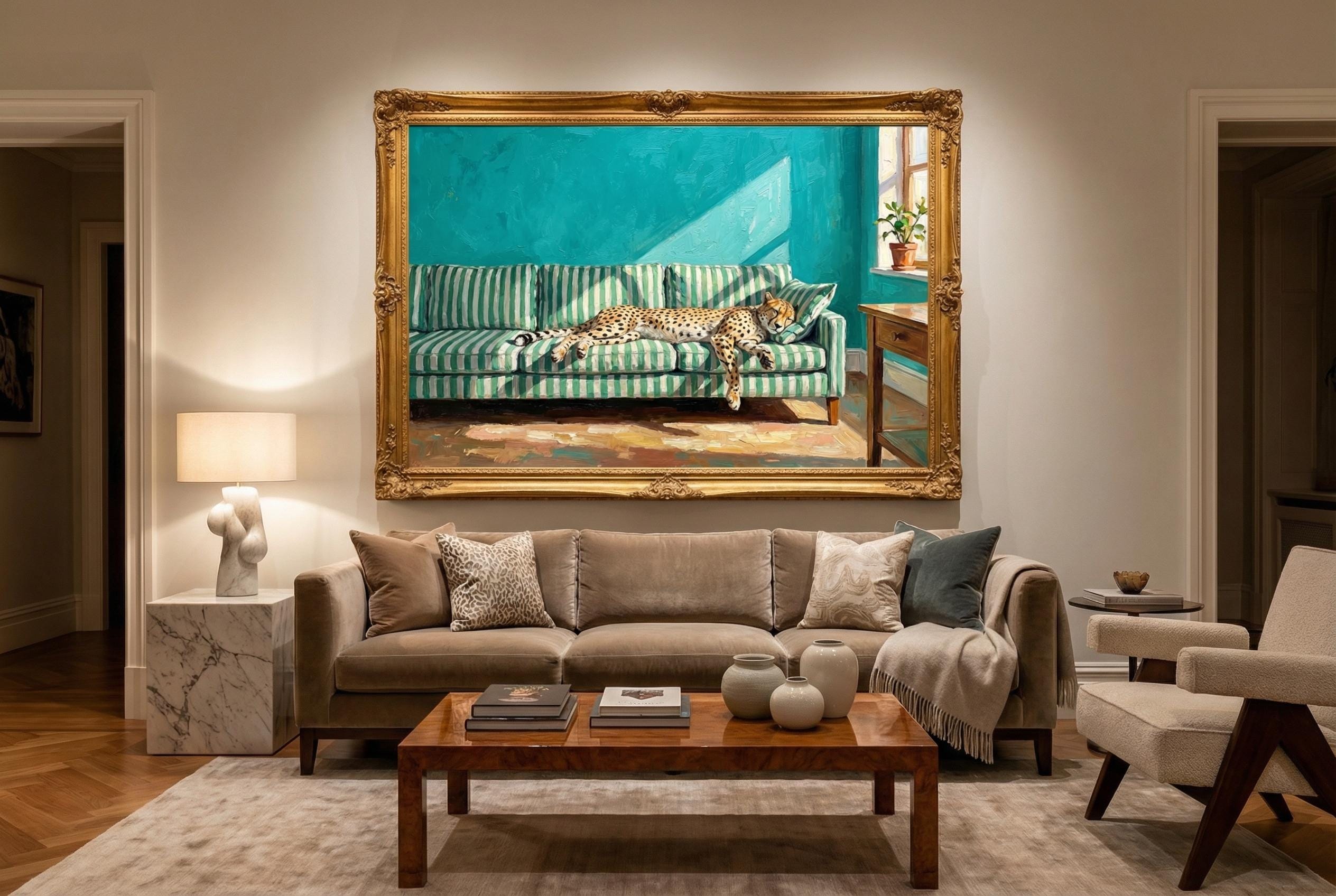Cheetah Nap Art Print, Sofa Scene (Matte, Canvas, Framed)