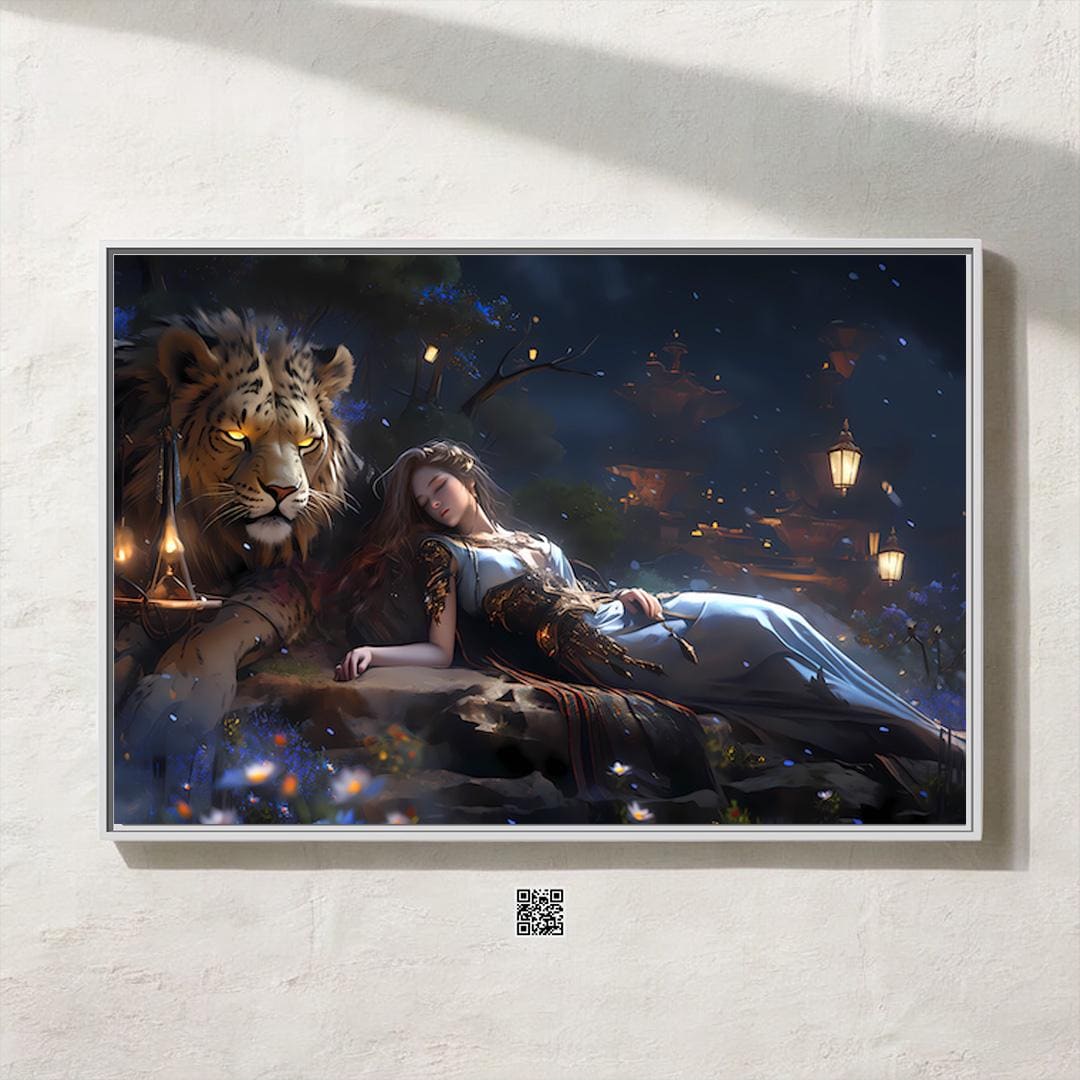 The Dream Guardian: Surreal Lion & Sleeping Woman Art | Mystical & Serene Wall Decor