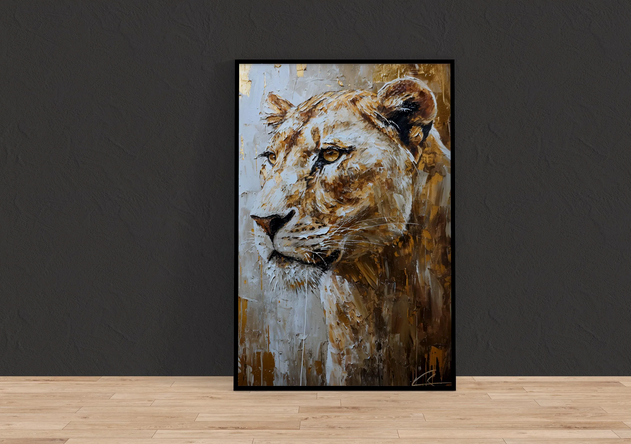 The image is a framed painting depicting a close-up of a lion's face, with a dark background.