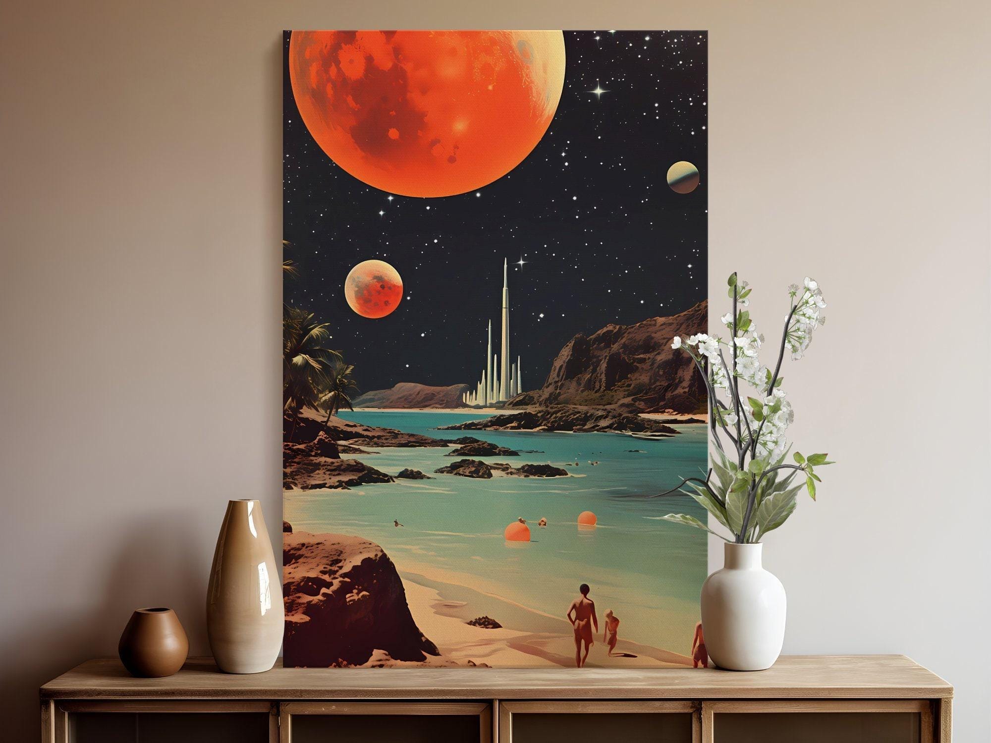 Space Beach Print: Sci-Fi Retro Art - Tranquil, Soft Hues
