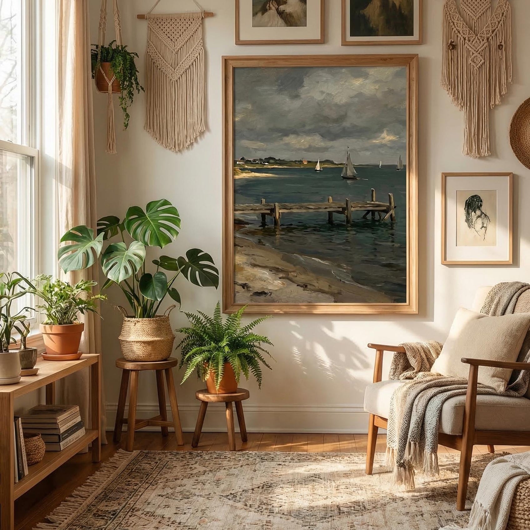 Moody Coastal Painting Vintage Seascape Wall Art Wooden Pier Print Sailboat Decor Dark Ocean Art