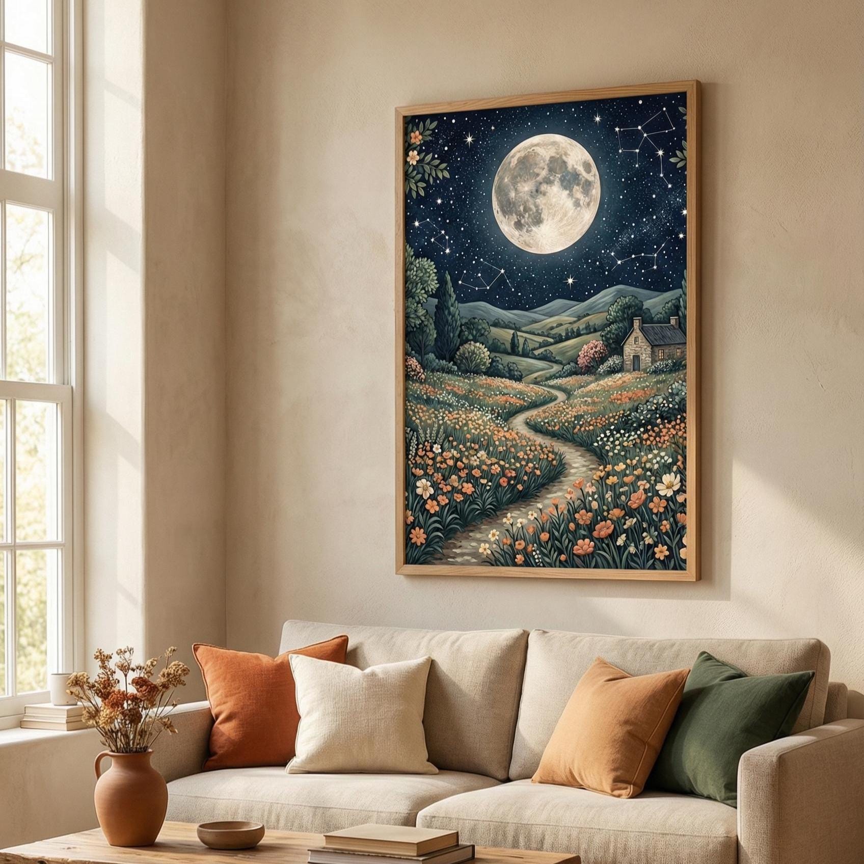 Moon and Flower Trail Art Print (Matte, Canvas, Framed Choices)