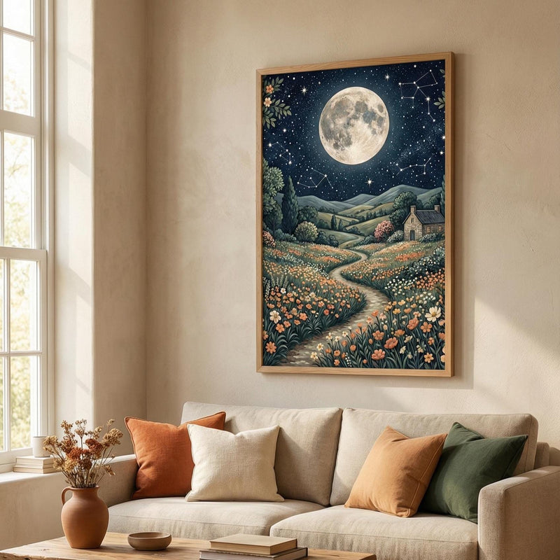 Moon and Flower Trail Art Print (Matte, Canvas, Framed Choices)