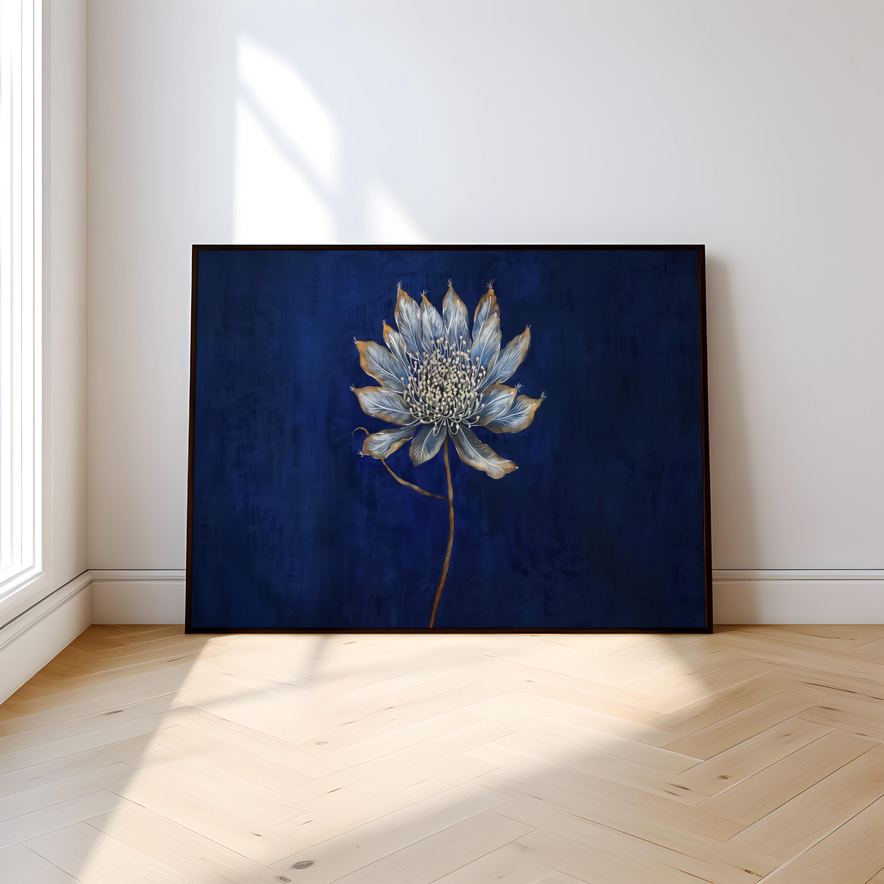 Modern Minimalist Flower: Elegant Gray & White Botanical Art | Deep Blue Wall Decor