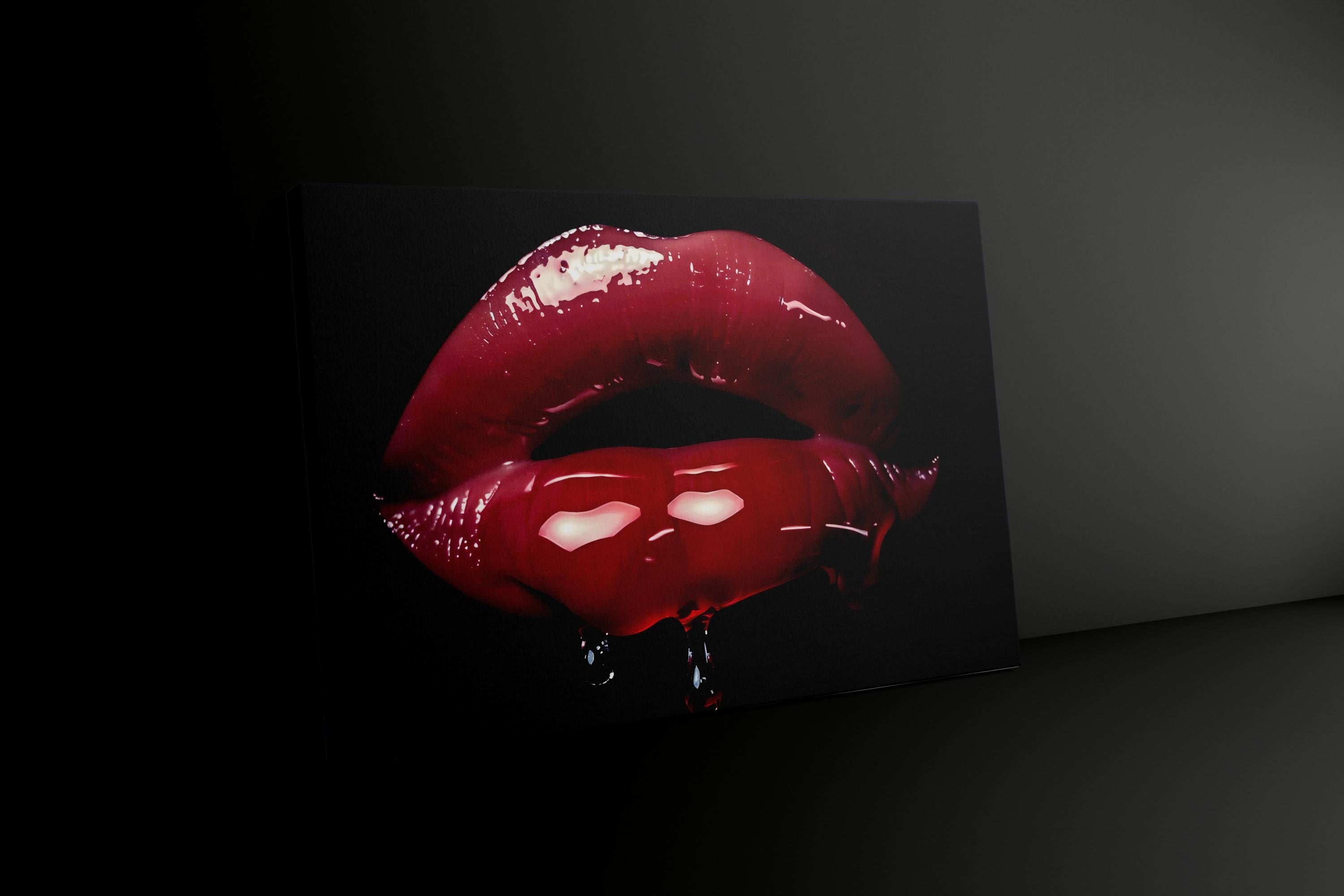 Crimson Whisper: Hyperrealistic Red Lips Art | Modern, Glamorous & Seductive Wall Decor