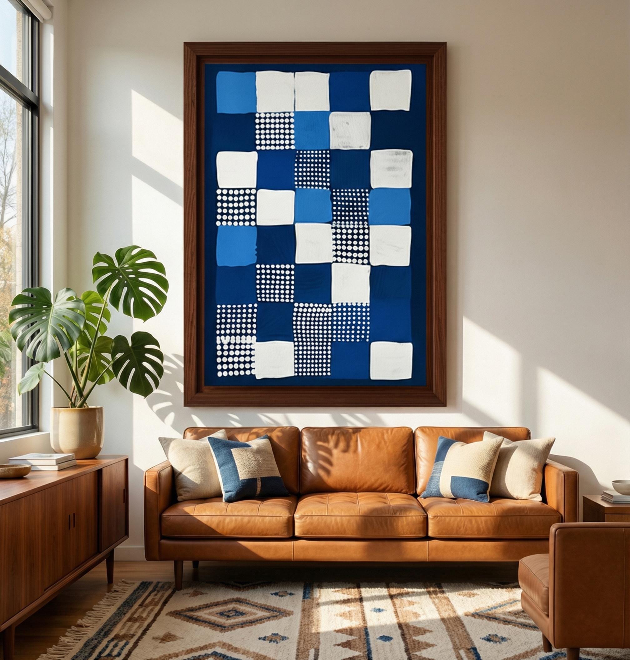 Modern Geometric Canvas Art, Persian Blue and White (Multiple Sizes)