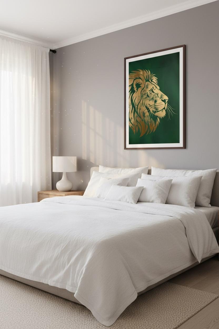 Art Deco Wall Art - Gold Foil Lion Profile Print with Regal Green Metallic Texture