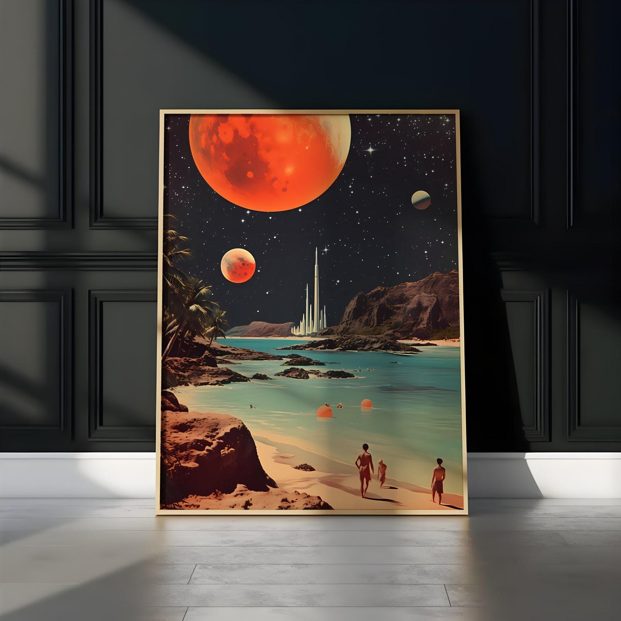 Space Beach Print: Sci-Fi Retro Art - Tranquil, Soft Hues