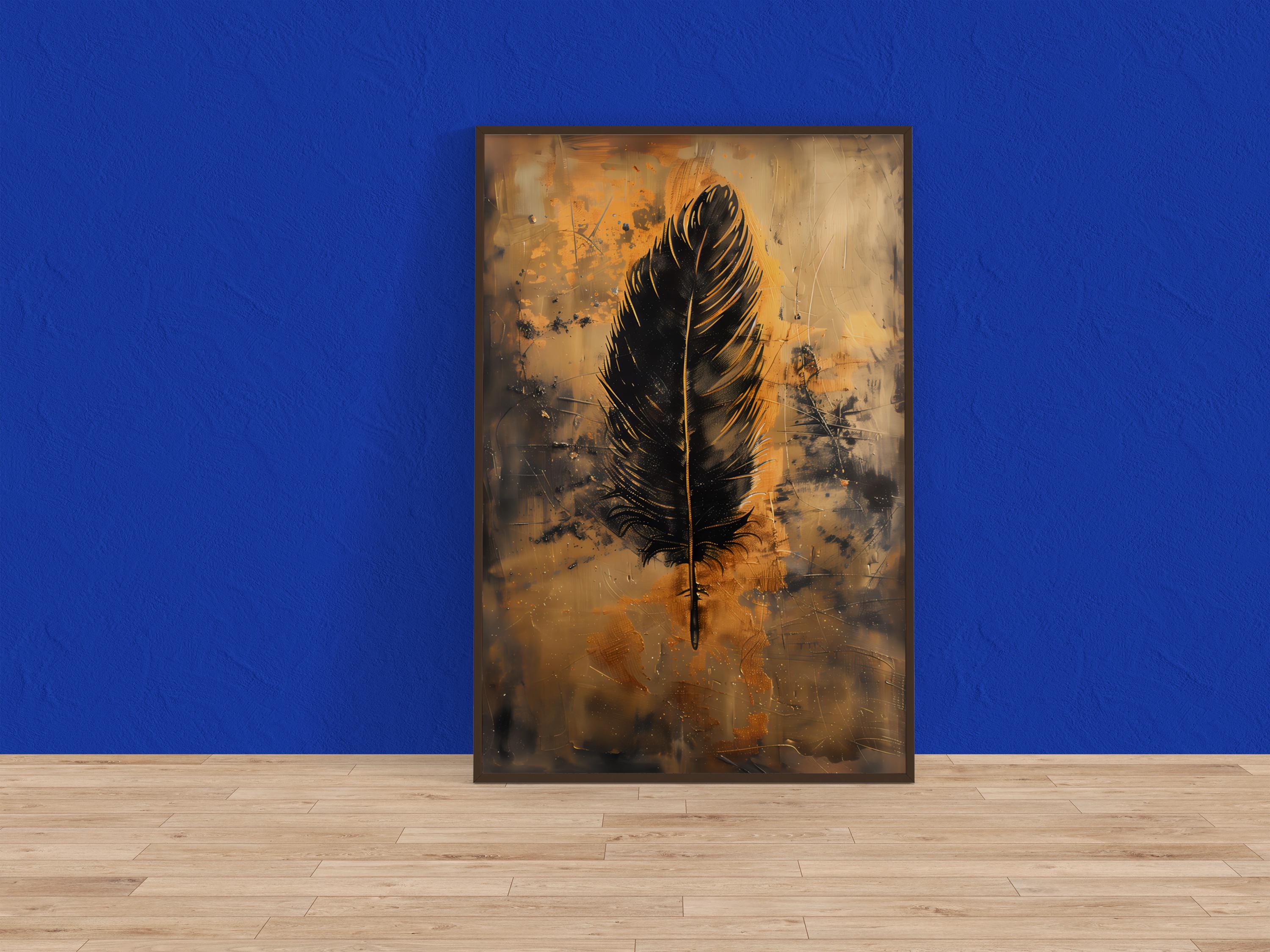 Old Feather: Modern Abstract Wall Art in Gold & Black, Framed Canvas Print, Modern Minimalist Art, Immersive Art, QR code Live Art