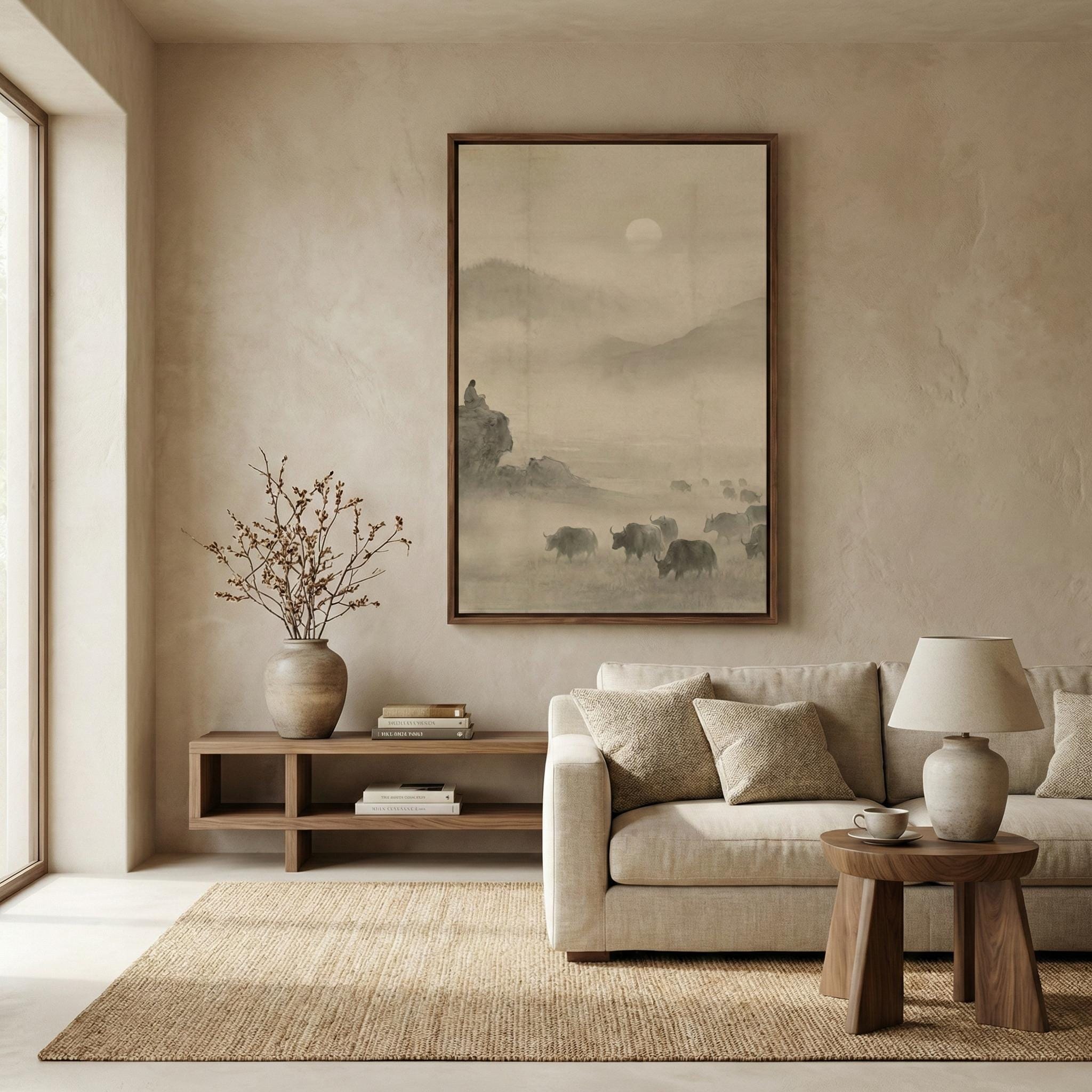 Misty Mountain Landscape: Zen Ink Wash Art (Sepia Tone)