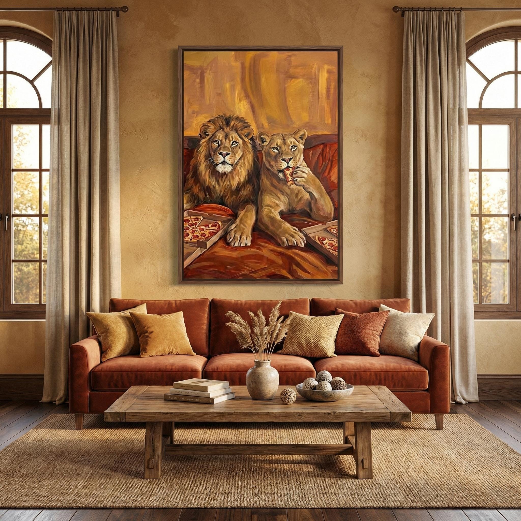 Lion Couple Wall Art: Cozy Surreal Pizza Date - Warm Tones