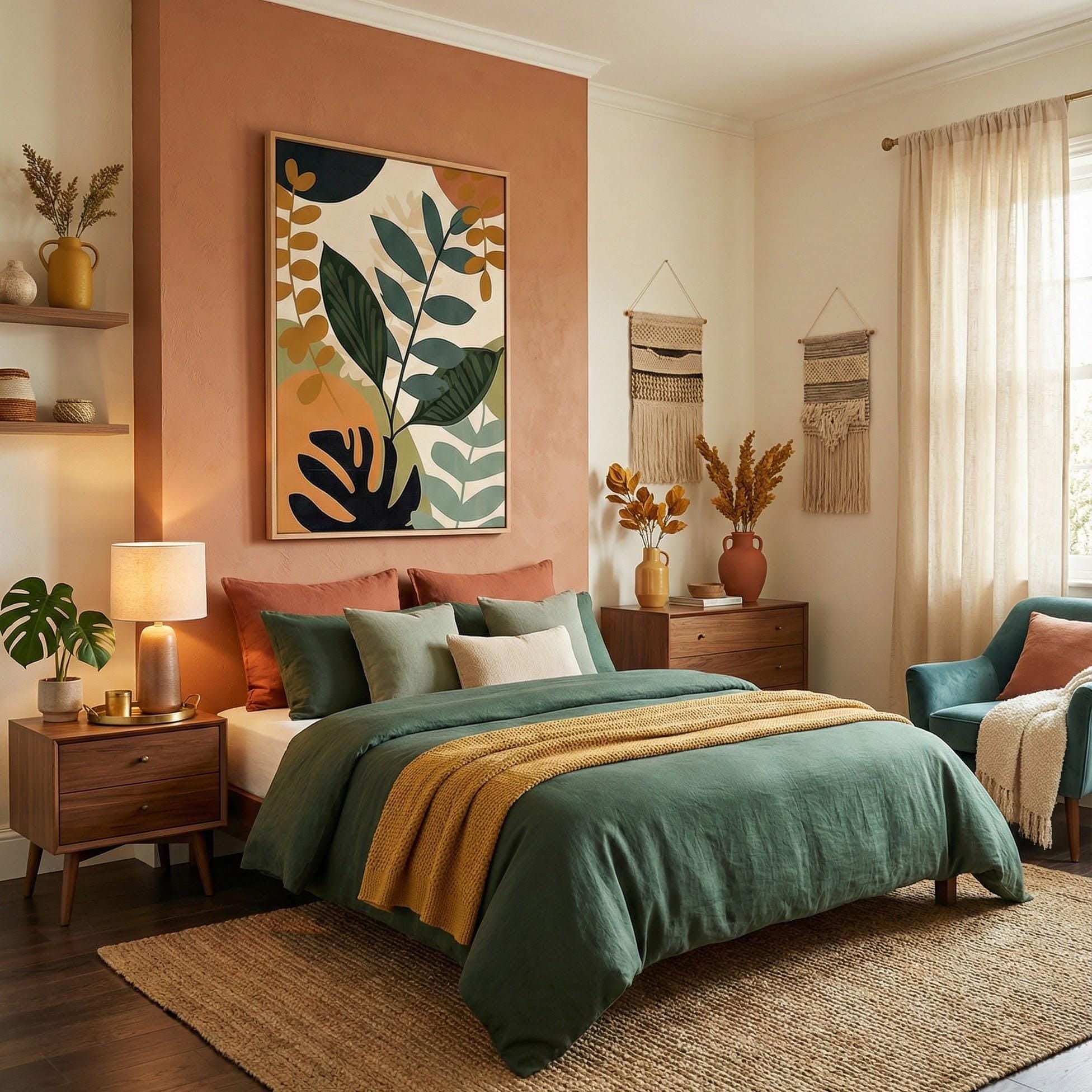 Boho Tropical Leaves Canvas, Mid-Century Modern Style (Ready to Hang)
