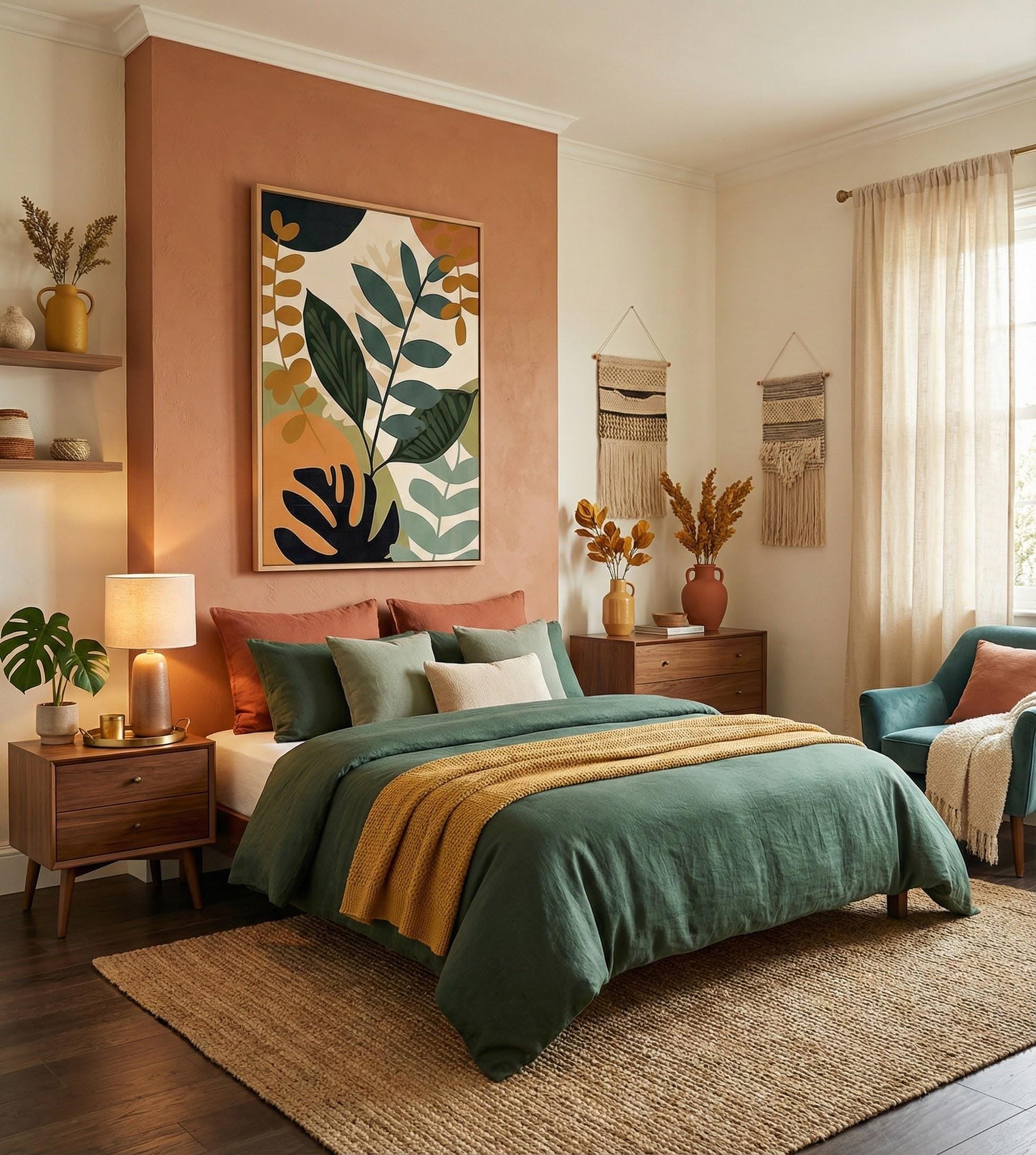Boho Tropical Leaves Canvas, Mid-Century Modern Style (Ready to Hang)