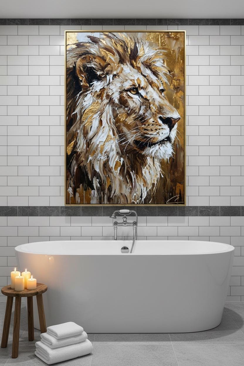 a large painting of a lion's head above a white freestanding bathtub in a bathroom setting.