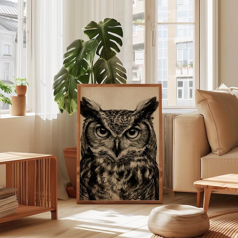 Great Horned Owl Wall Art: Rustic Charcoal Sketch - Nature Inspired