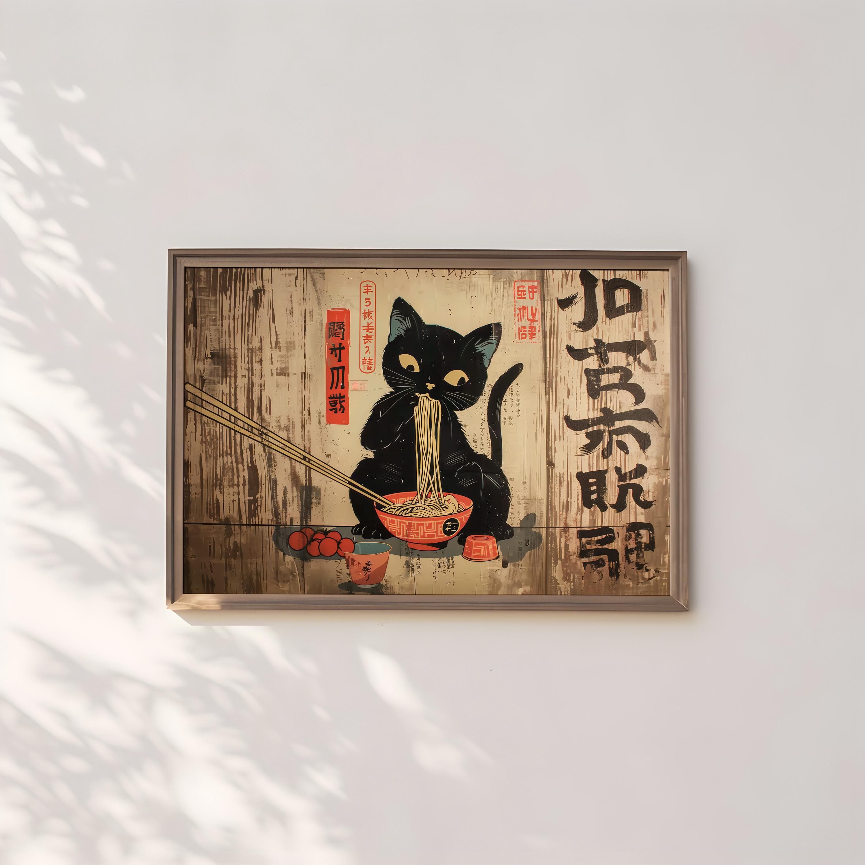 Whimsical Black Cat Ramen Art - Cozy Japanese Edo Decor