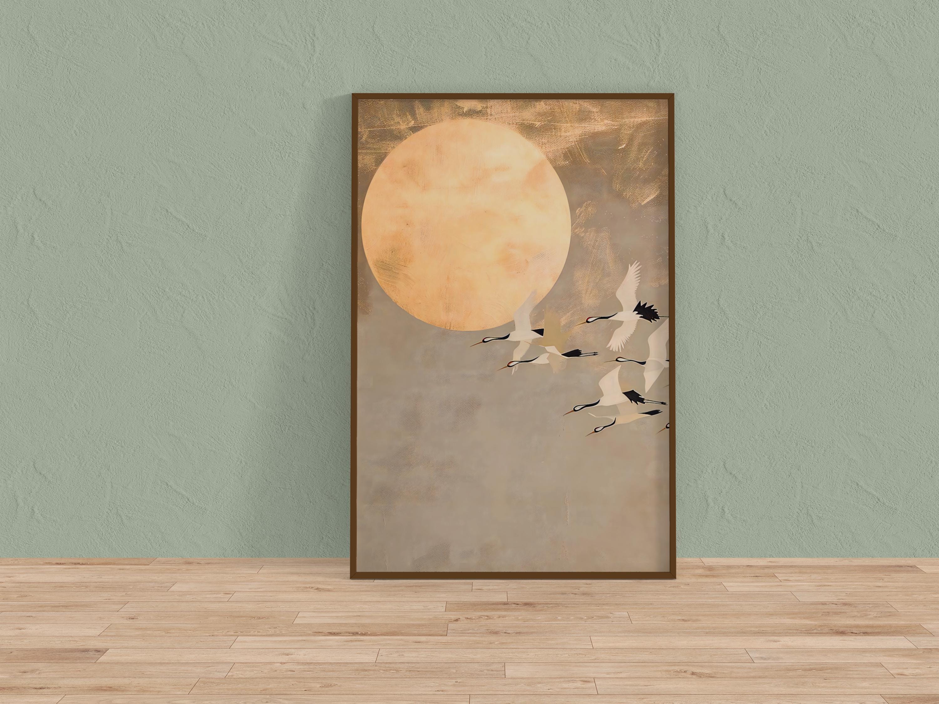 Moonlit Cranes Canvas Art: Serene Japanese-Inspired Wall Decor | Elegant & Tranquil Floral Print