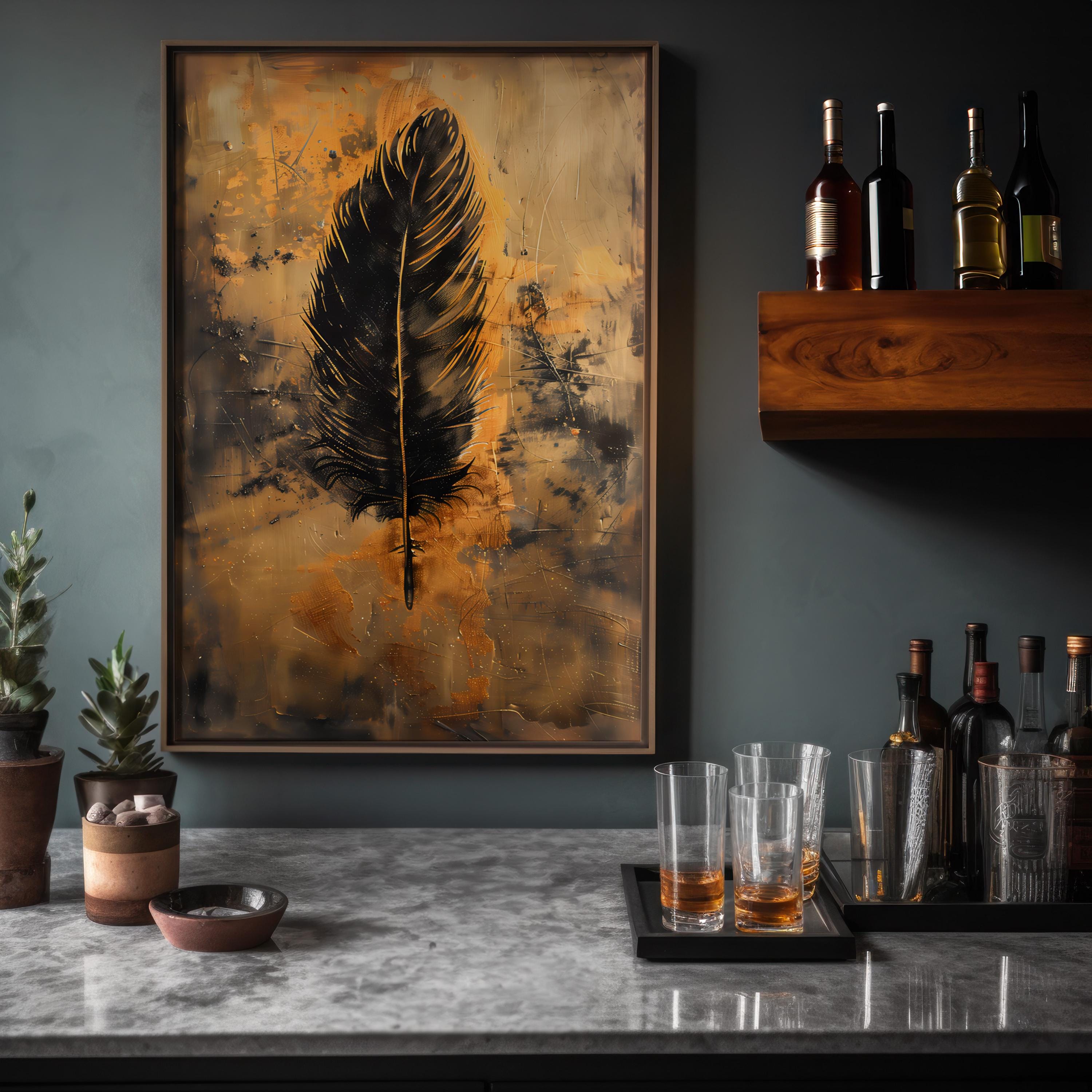 Old Feather: Modern Abstract Wall Art in Gold & Black, Framed Canvas Print, Modern Minimalist Art, Immersive Art, QR code Live Art