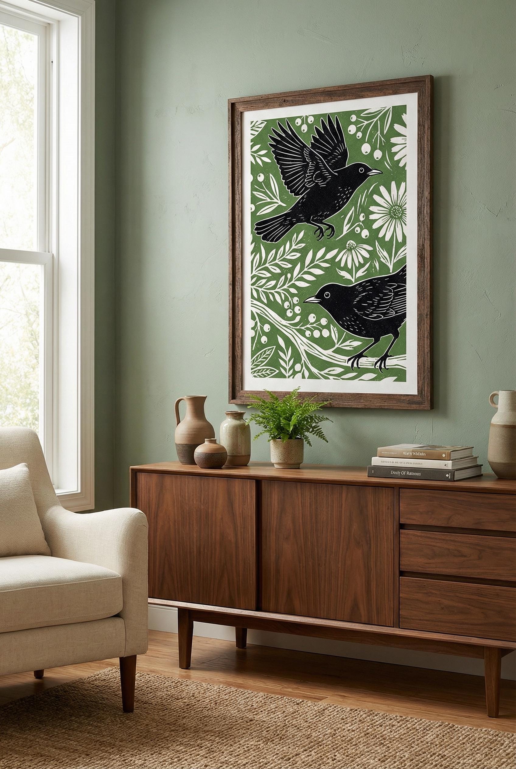 Black Birds Wall Art Print: Green Minimalist Home Decor