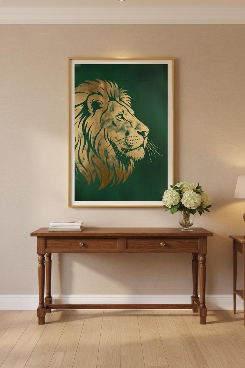 Art Deco Wall Art - Gold Foil Lion Profile Print with Regal Green Metallic Texture