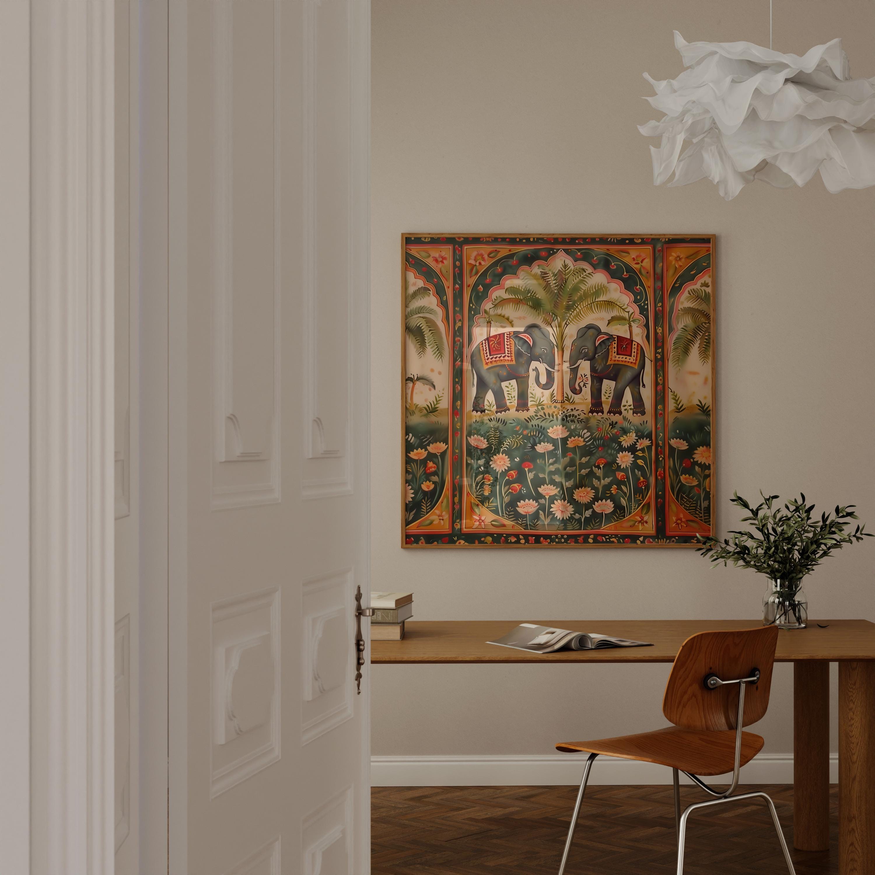 Pichwai Elephant & Lotus Art: Traditional Indian Floral Canvas | Vintage Cultural Wall Decor