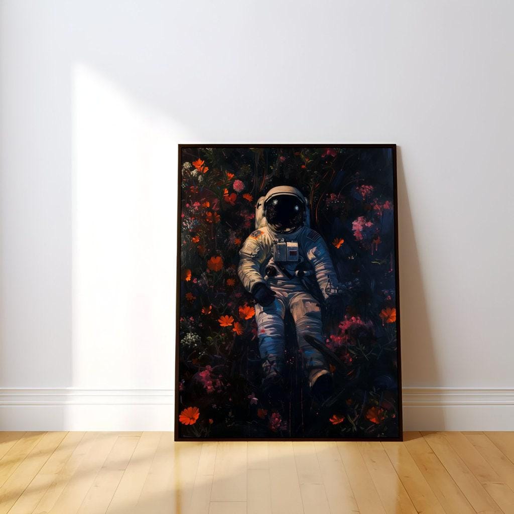 Floral Cosmos: Surreal Astronaut & Flowers Art | Whimsical Space and Nature Decor