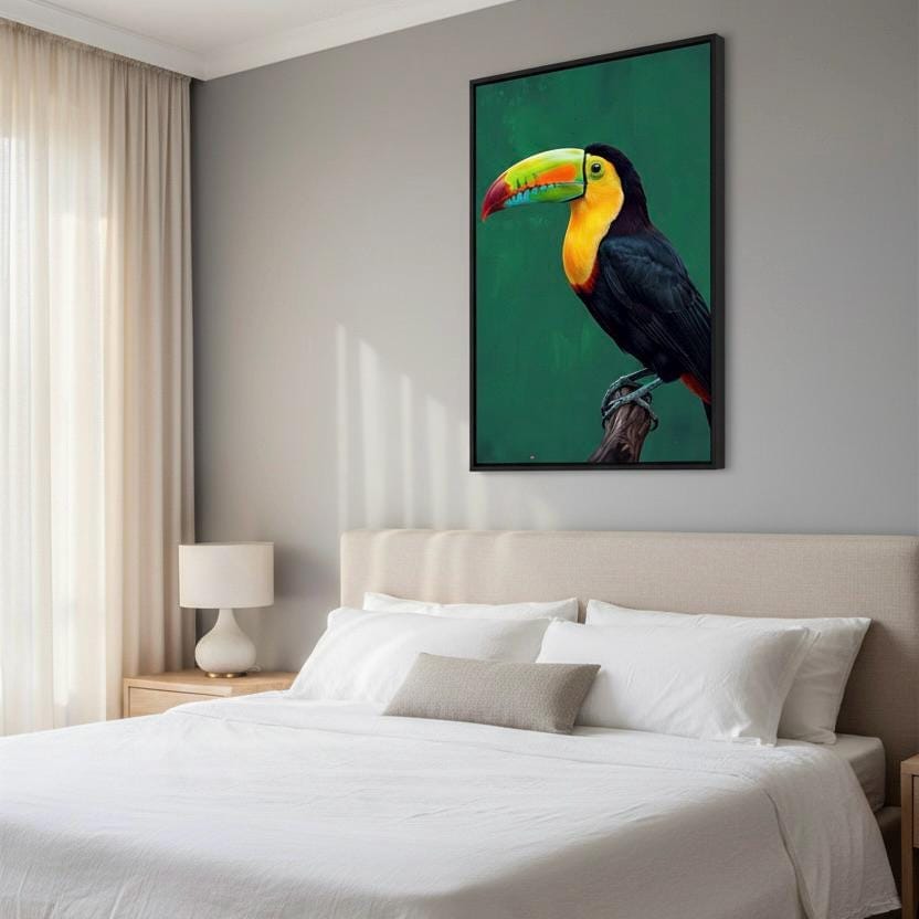 Toco Toucan Wall Art | Tropical Emerald Green Animal Print | Vibrant Jungle Canvas Decor | Framed Artwork for Home or Office