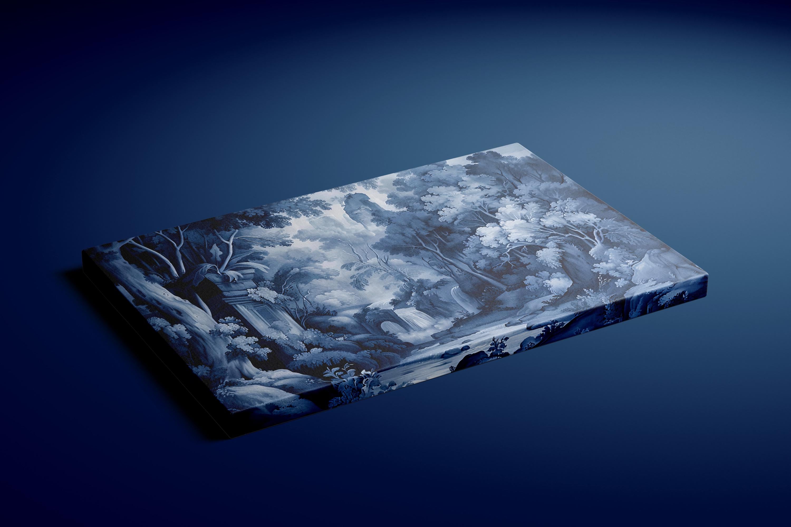 Ethereal Echoes: Blue Monochrome River & Ruins Landscape | Moody & Romantic Wall Art
