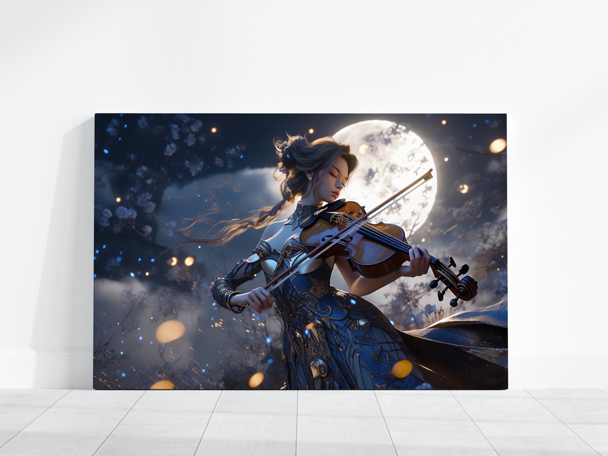 Lunar Sonata: Elegant Violinist in Moonlight Art Print | Romantic & Serene Framed Wall Decor