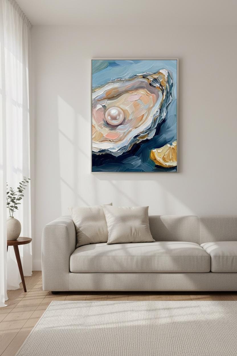 Oyster Shell Print - Coastal Wall Art | Nautical Beach House Decor With Pearl Still Life