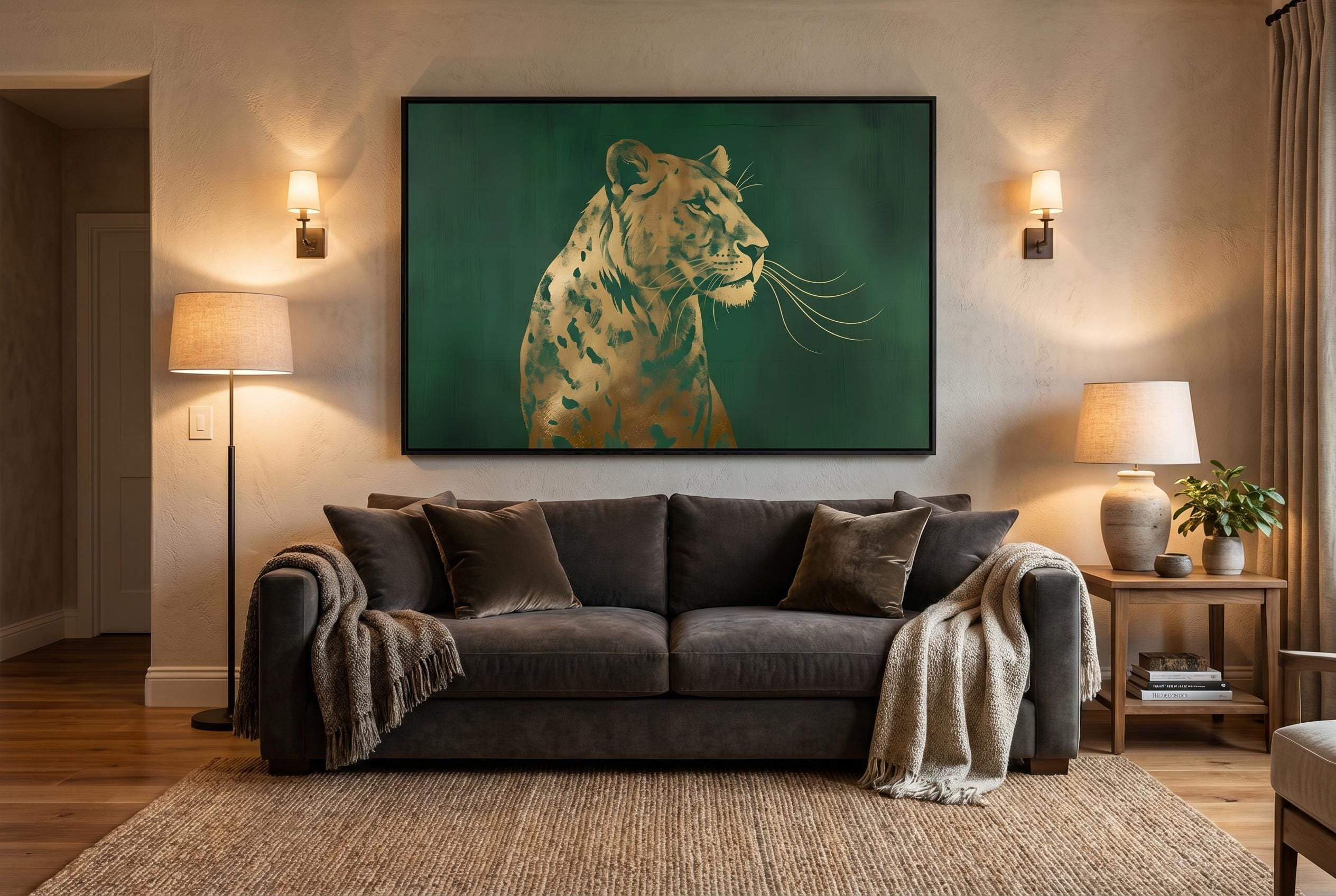 Art Deco Lion Print - Gold Foil Wildlife Wall Art | Regal Green Decor