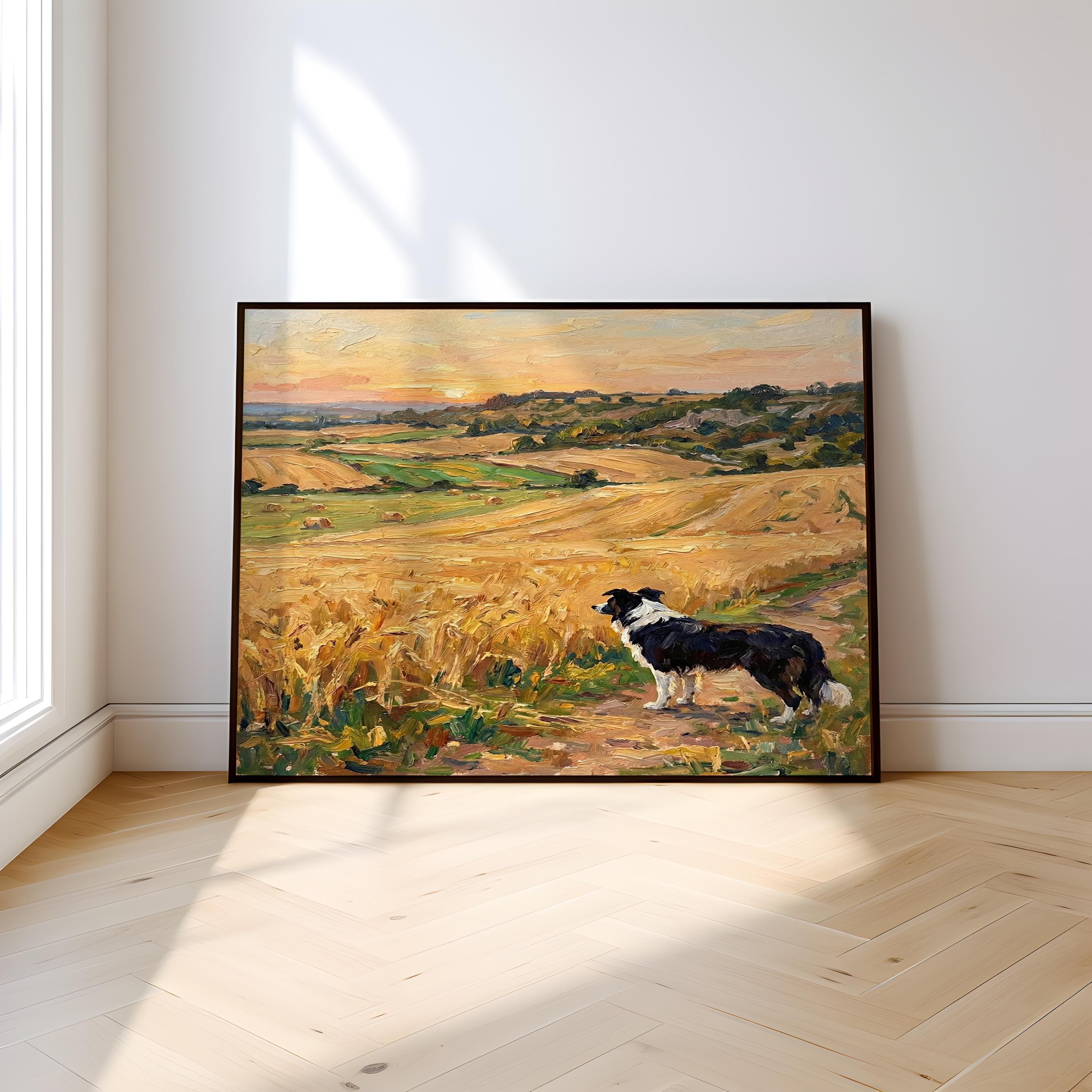 Rustic Border Collie Wall Art - Golden Wheat Field Scene