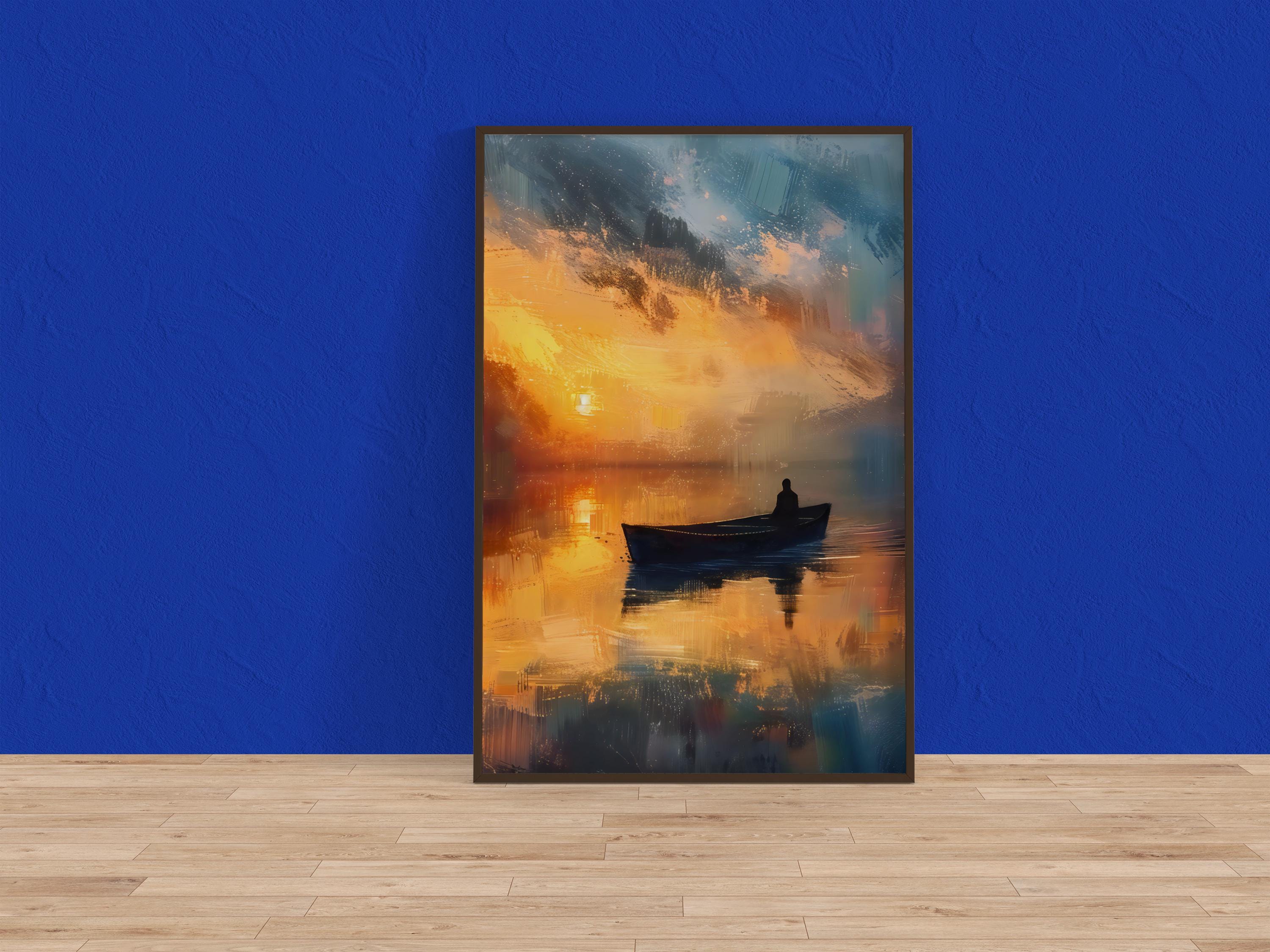 Sunset Solitude: Serene Lone Boat Canvas Art | Tranquil Orange & Blue Lake Decor