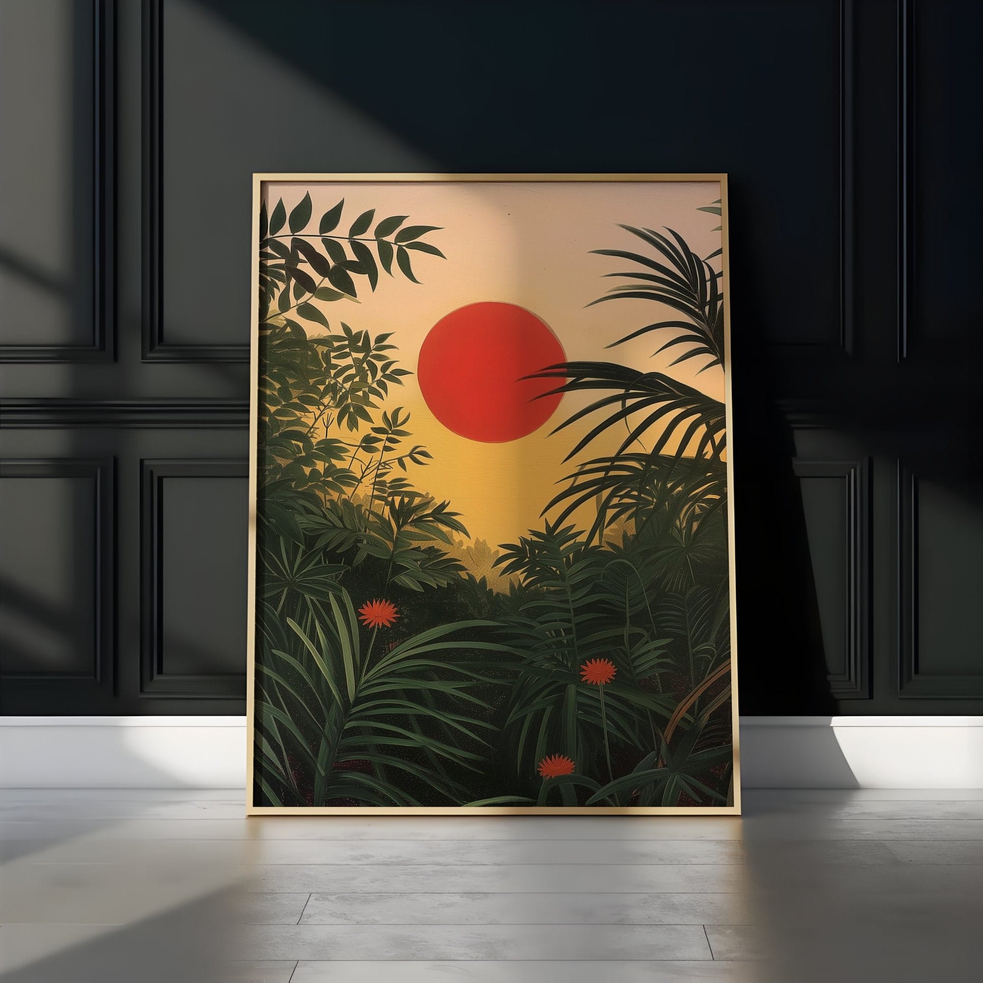 Tropical Forest Wall Art: Henri Rousseau Inspired Red Sun Sunrise