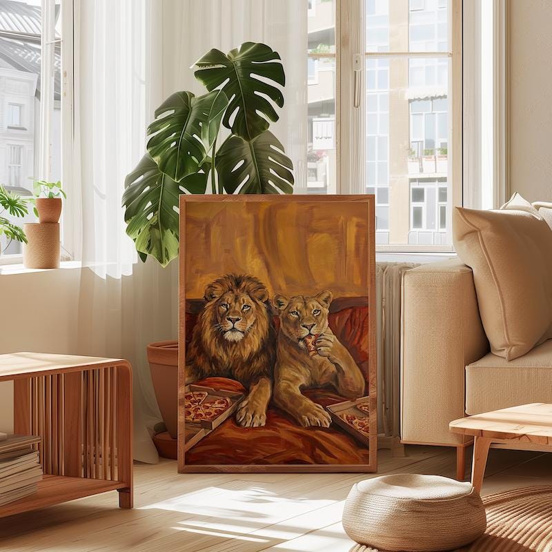 Lion Couple Wall Art: Cozy Surreal Pizza Date - Warm Tones