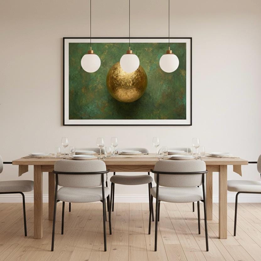 a modern dining room with a wooden table set for four, featuring white chairs and a large framed artwork of a golden sphere hanging above the table.