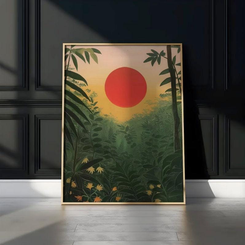 Tropical Forest Print: Red Sun Sunrise Landscape (Canvas or Framed)