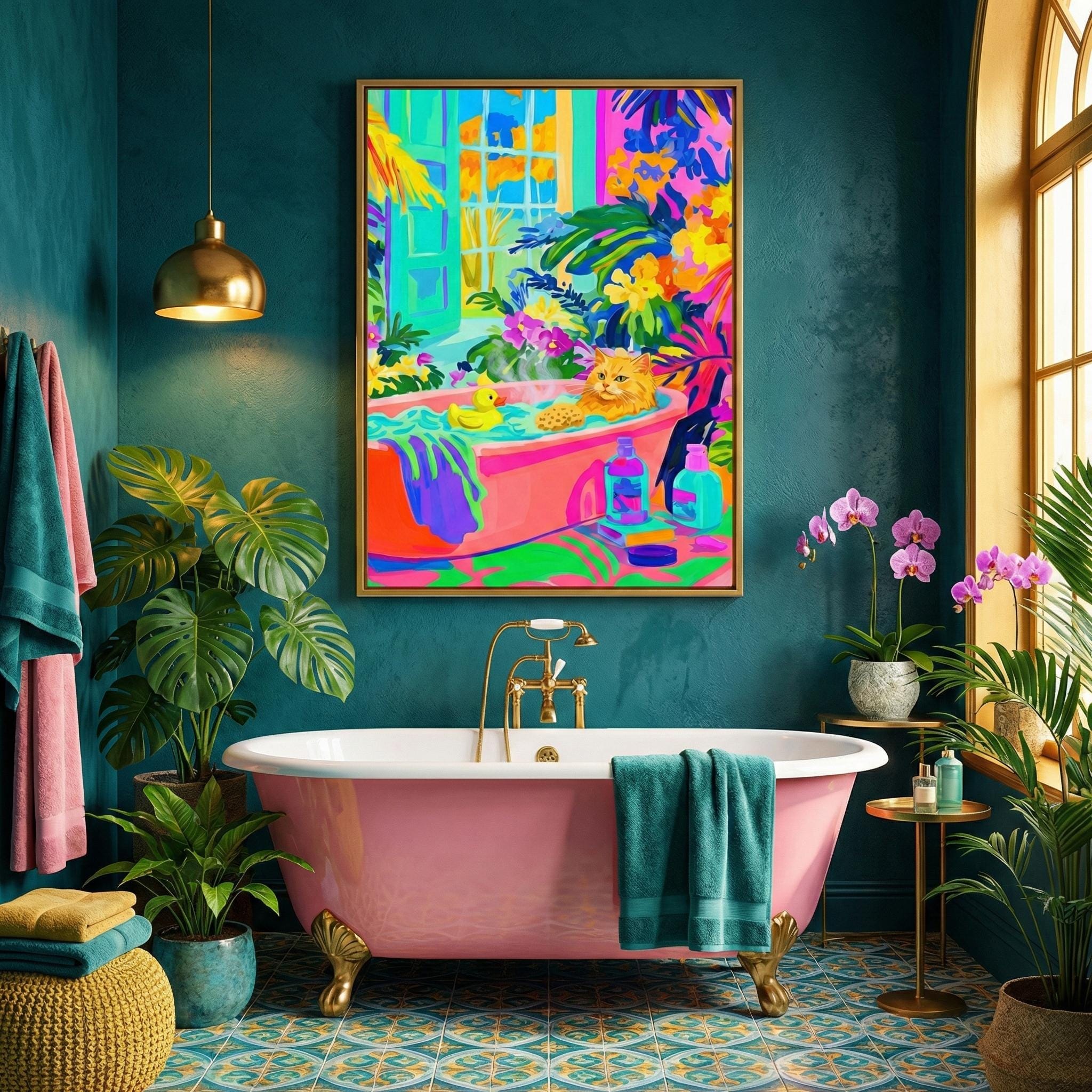 Whimsical Cat Canvas, Orange Tabby in Bathtub (Bold Fauvist Colors)