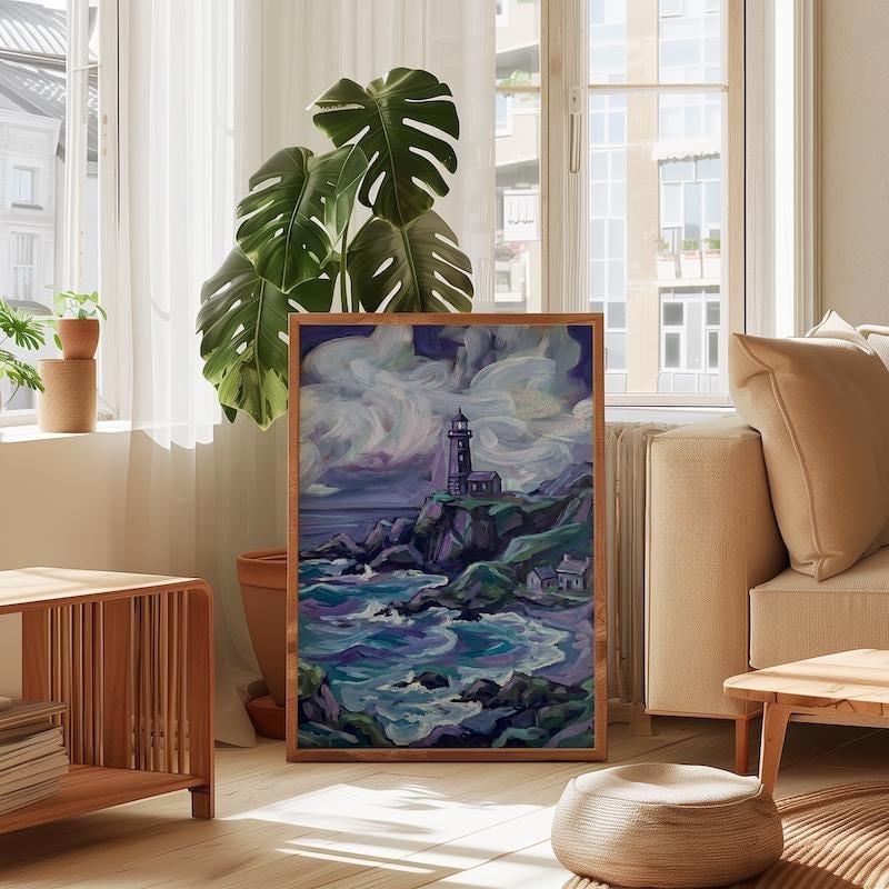 Fantasy Lighthouse Canvas, Purple Ocean, White Deer (Ready to Hang)