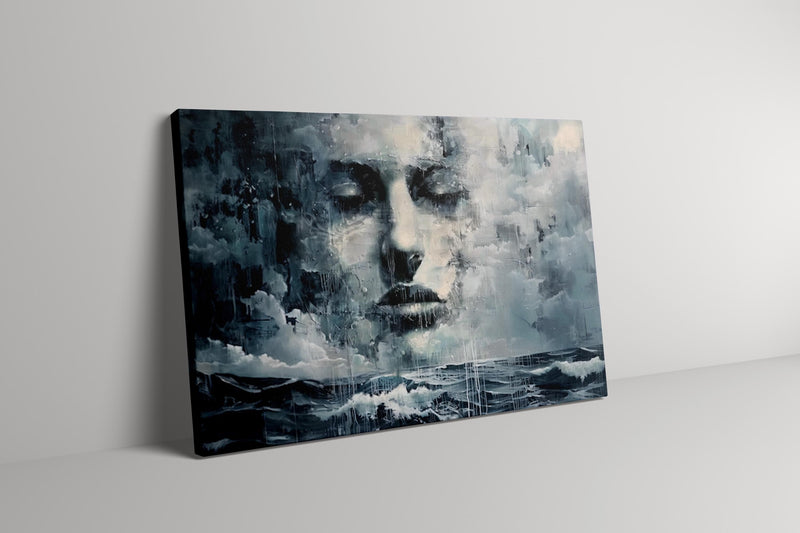 Moody Abstract Wall Art – Dramatic Face & Stormy Landscape Painting | Contemplative Decor